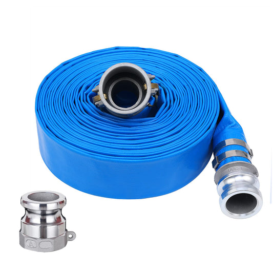 2" x 50ft PVC Lay Flat Discharge Hose With Aluminum Camlock C & E Fittings, Cam Lock Fitting Type A included, Heavy Duty Reinforced Pump Backwash Hose Assembly