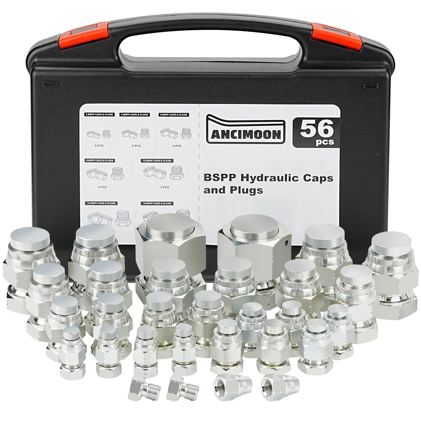 ANCIMOON 56PCS BSPP Hydraulic Hose Caps and Plugs, Size 2 4 6 8 10 12 16