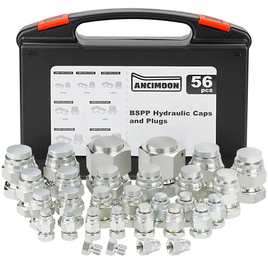 ANCIMOON 56PCS BSPP Hydraulic Hose Caps and Plugs, Size 2 4 6 8 10 12 16
