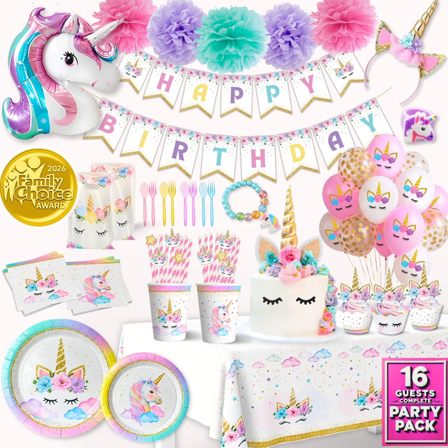 152 Pc Premium Unicorn Birthday Decorations Set for Girls – Complete Unicorn Party Decorations Supplies Kit with Plates, Cups, Napkins, Balloons, Banner, Headband – Magical Rainbow Party for Kids