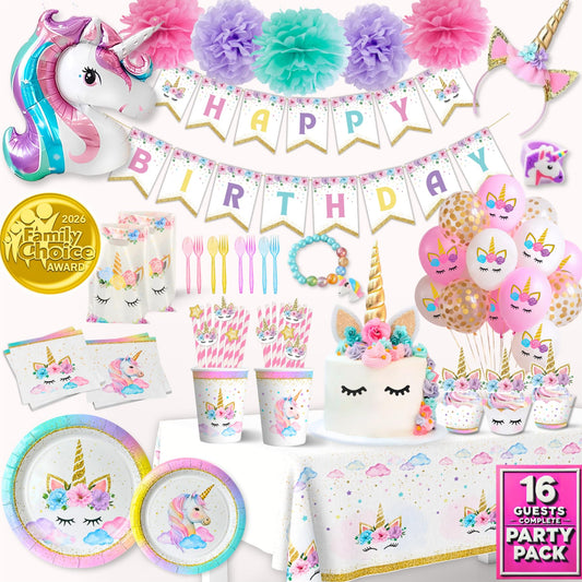 152 Pc Premium Unicorn Birthday Decorations Set for Girls – Complete Unicorn Party Decorations Supplies Kit with Plates, Cups, Napkins, Balloons, Banner, Headband – Magical Rainbow Party for Kids