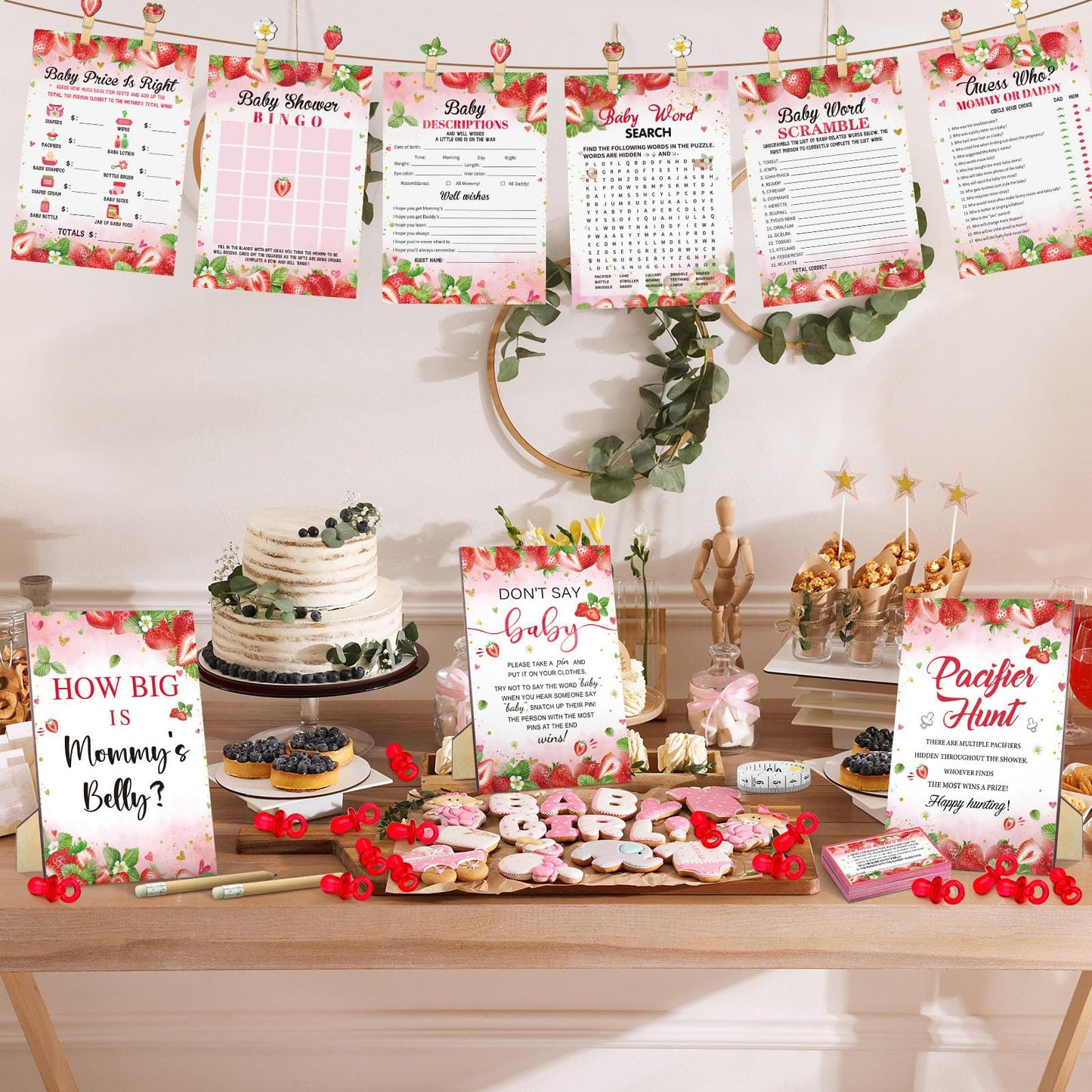 Sherr 476 Pcs Strawberry Baby Shower Games 6 Sets Activities Cards Pacifier Hunt Game 50 Pacifiers How Big is Mommy's Belly Sign 50 Guessing Cards 2 Measuring Tape Don't Say Baby Sign 50 Clothespin