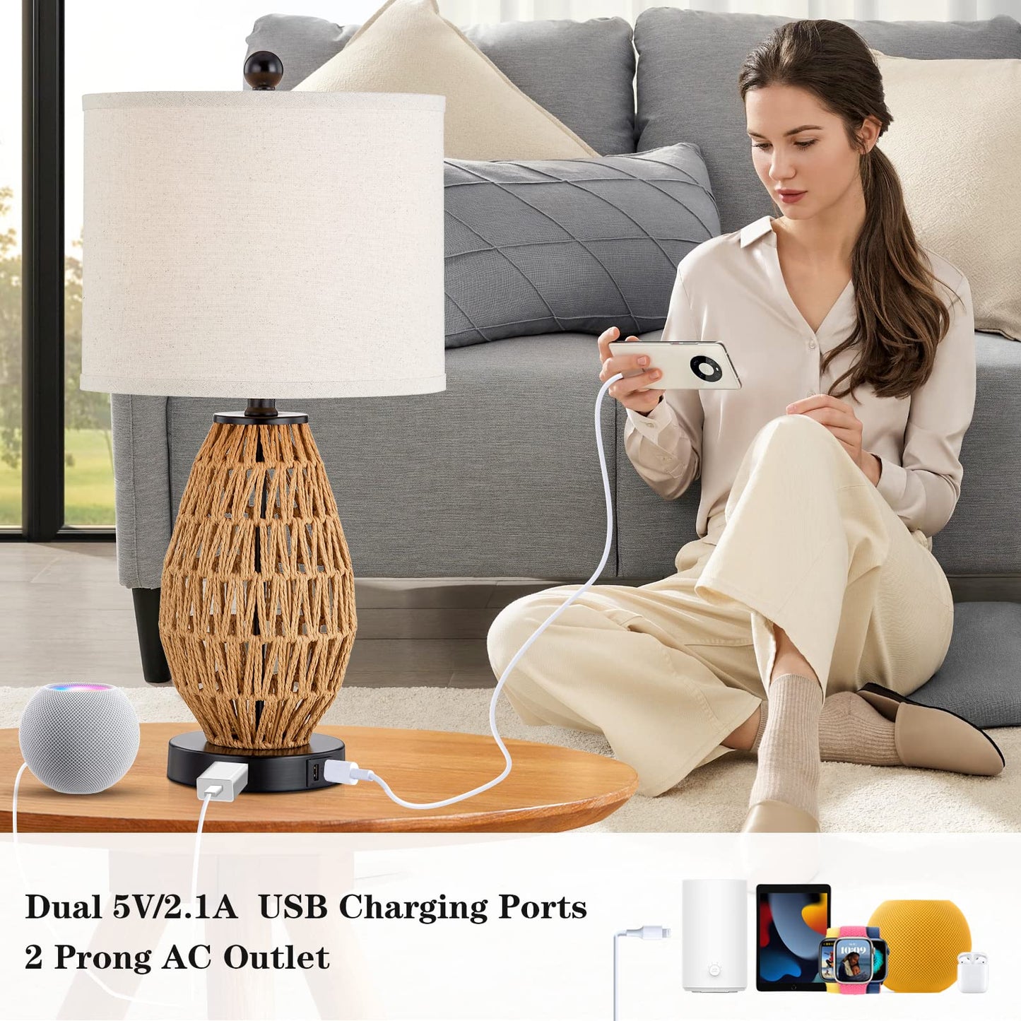 CINSARY Touch Control Rattan Table Lamps, 3 Way Dimmable Bedside Lamps for Bedroom Set of 2 with 2 USB Ports and AC Outlet, Wicker Nightstand Lamps for Living Room (LED Bulbs Included)
