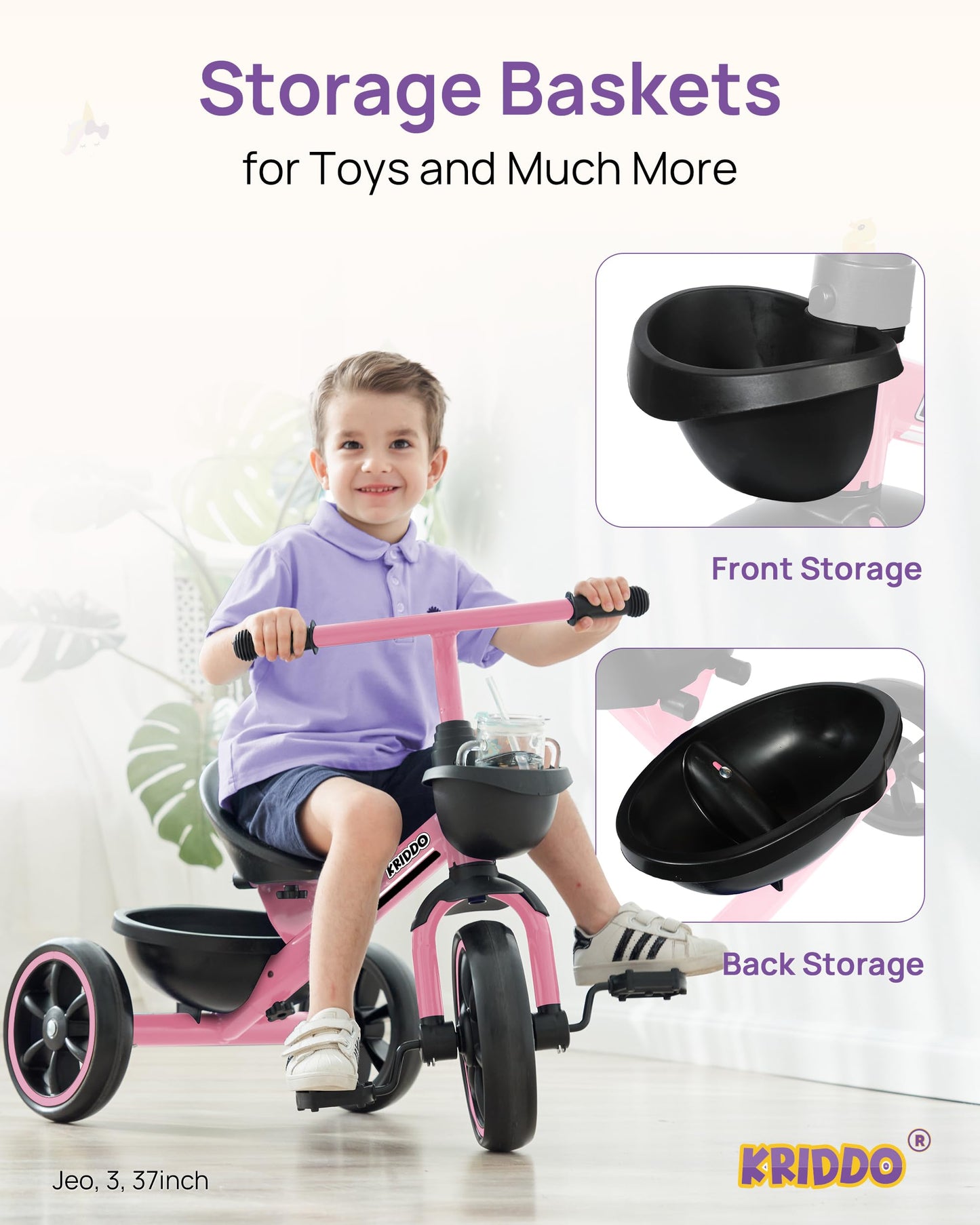 KRIDDO Kids Tricycles Age 24 Month to 4 Years, Toddler Kids Trike for 2.5 to 5 Year Old, Gift Toddler Tricycles for 2-4 Year Olds, Trikes for Toddlers, Pink
