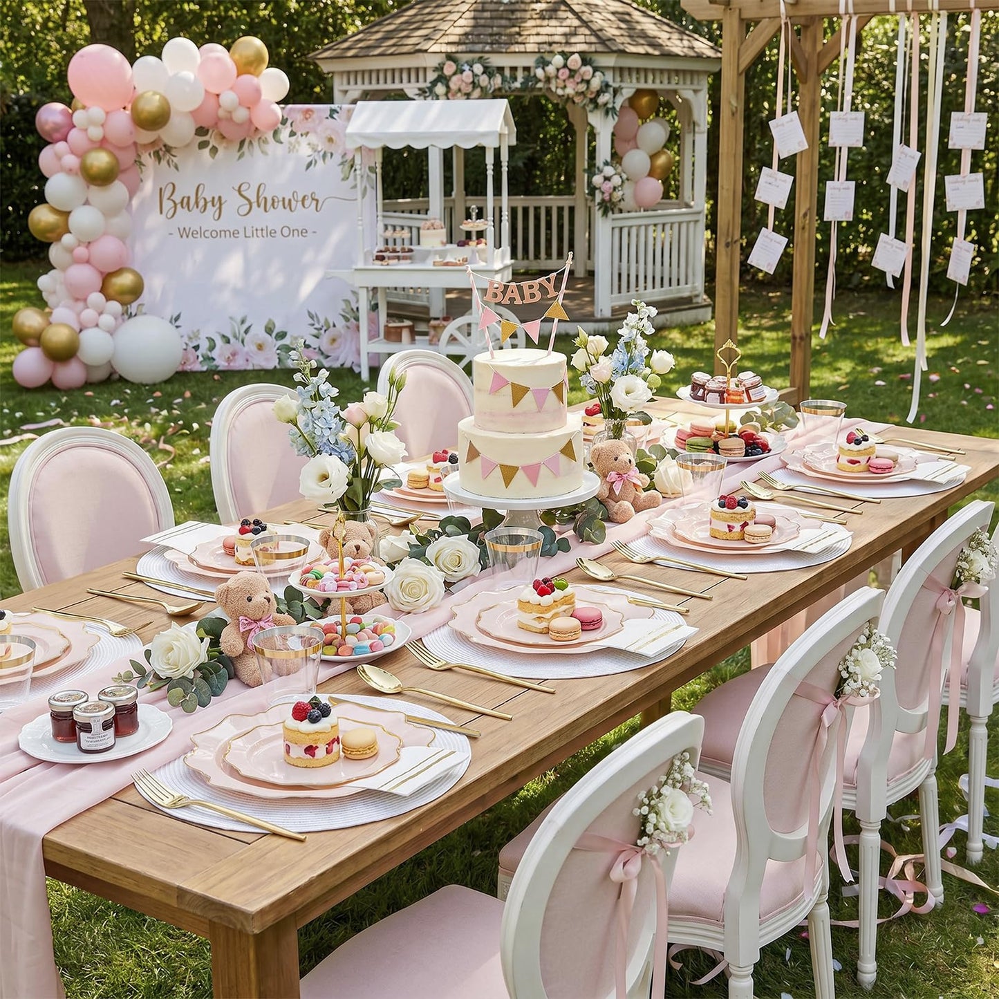 WDF 350Pcs Pink Plastic Plates - Pink and Gold Disposable Plates 50Guest Plastic Dinnerware for Baby Shower/Birthday/Wedding/Spring/Mother's Day