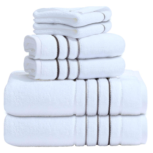 Bath Towels Set for Bathroom – Luxury 6-Piece Cotton Towels, Soft Absorbent & Quick Dry, 600 GSM Bath Towels for Bathroom, Hotel Spa Quality (2 Bath, 2 Hand, 2 Washcloths, White Taupe Brown Stripe)