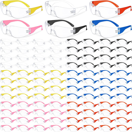 96 Pairs Clear Safety Glasses Bulk Adult Safety Goggles Unisex Eye Protection Glasses Impact Resistant Protective Eyewear with Assorted Color Frame for Men Women Lab Construction Carpentry Shooting
