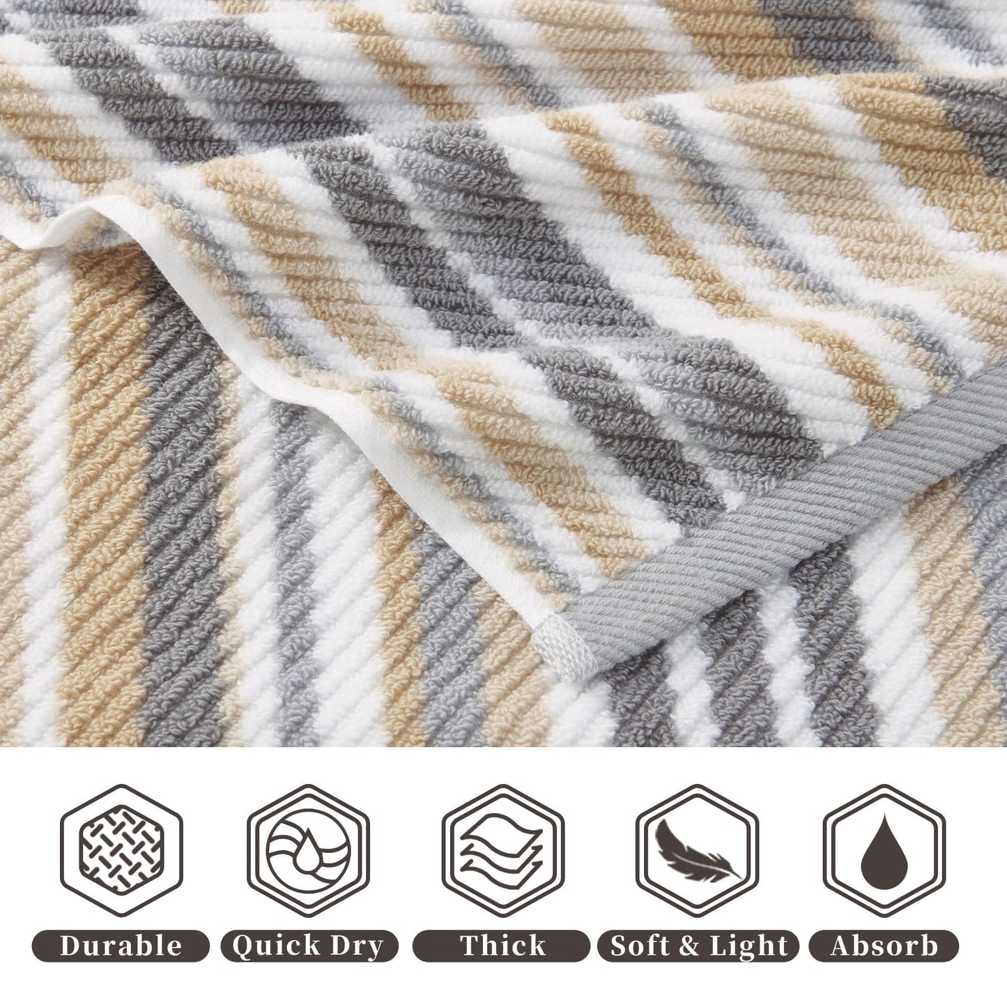 Beige Striped Hand Towels, Bathroom Hand Towels Set of 4, 16"x27" - 100% Cotton | Quick Dry | Absorbent | Light Weight, Soft Towel Set for Showering & Guest, Luxury Towel Gift, Tan and Gray