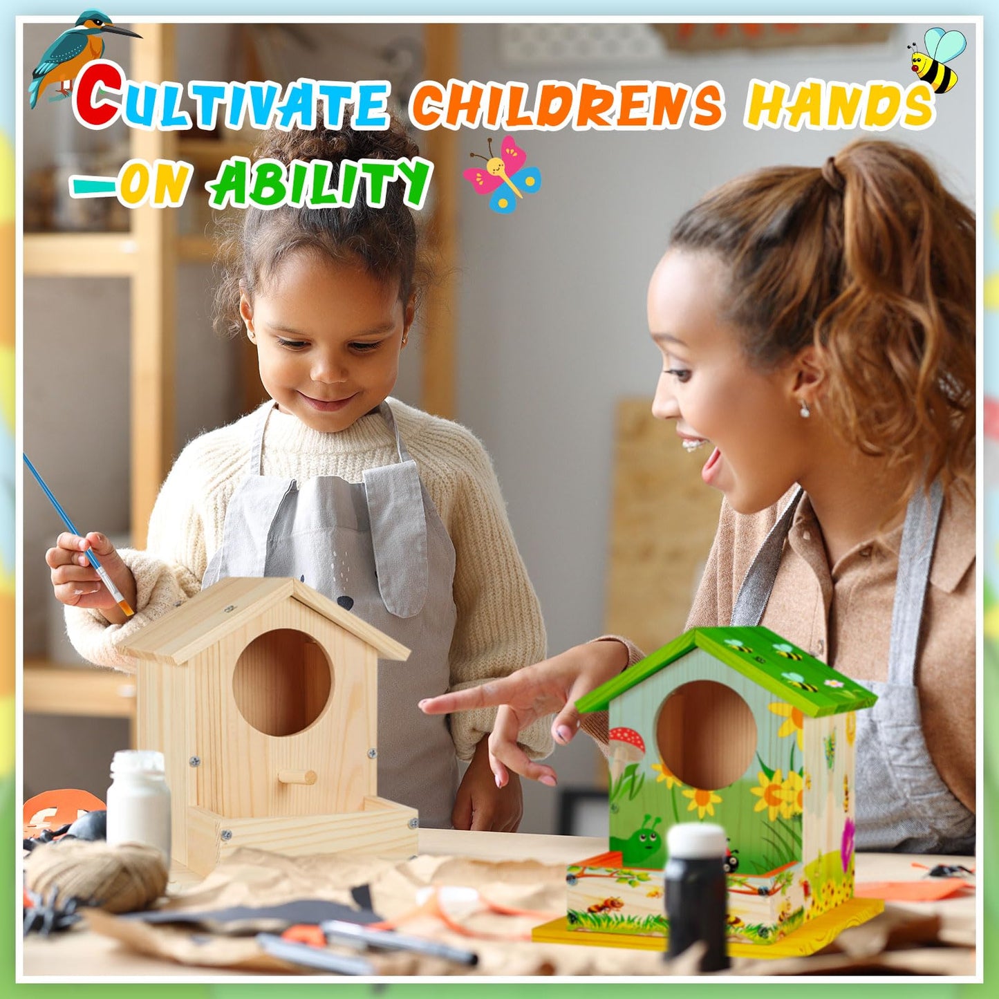 Liliful 4 Pack Wooden Birdhouse Kit DIY Bird House with Paint and Paintbrushes Art and Crafts Painting Kits for Boys Girls Adults Build Paint Classroom Birthday Indoor Outdoor Craft