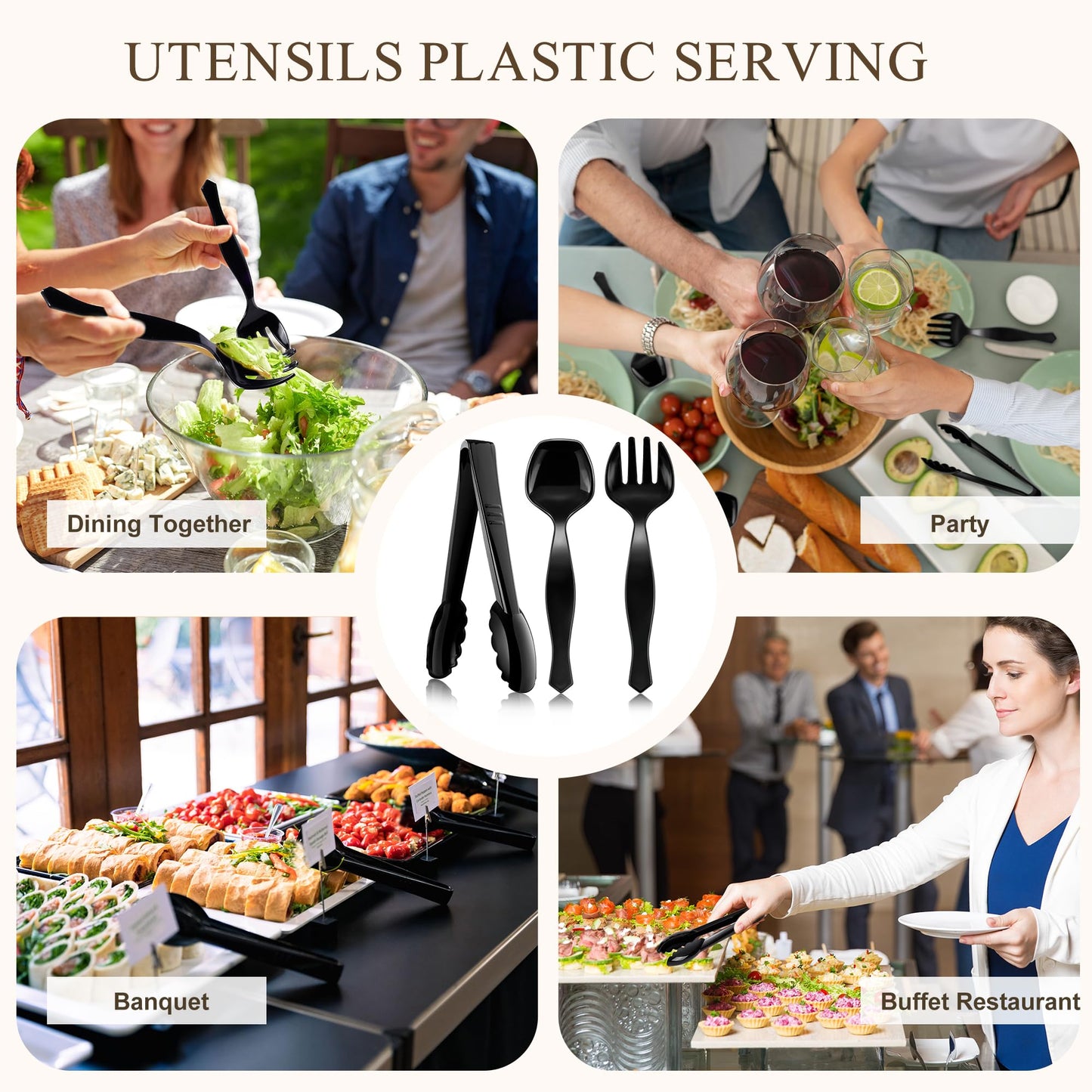 Mwellewm 72Pcs Plastic Serving Utensils Set Large Disposable Serving Spoons Fork and Tongs for Serving Food 8.5'' Heavy Duty Black Party Utensil Supplies for Buffet Restaurant Picnic Dinner Salad Soup