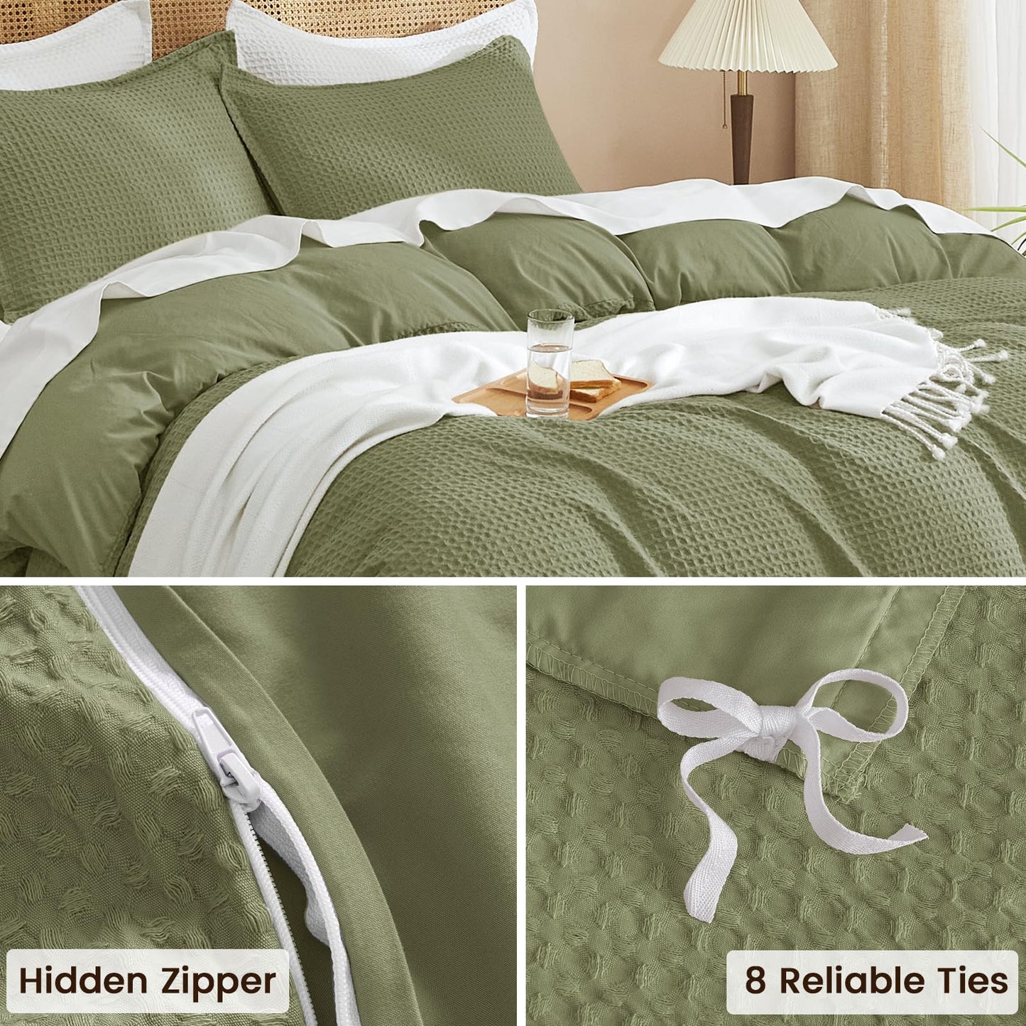 PHF Waffle Weave Duvet Cover Set King Size, No Snagging Ultra Soft Luxury Textured Breathable Comforter Cover for All Season 3pcs, Durable Bedding Duvet Set with 2 Pillow Shams, 104"x90", Olive Green