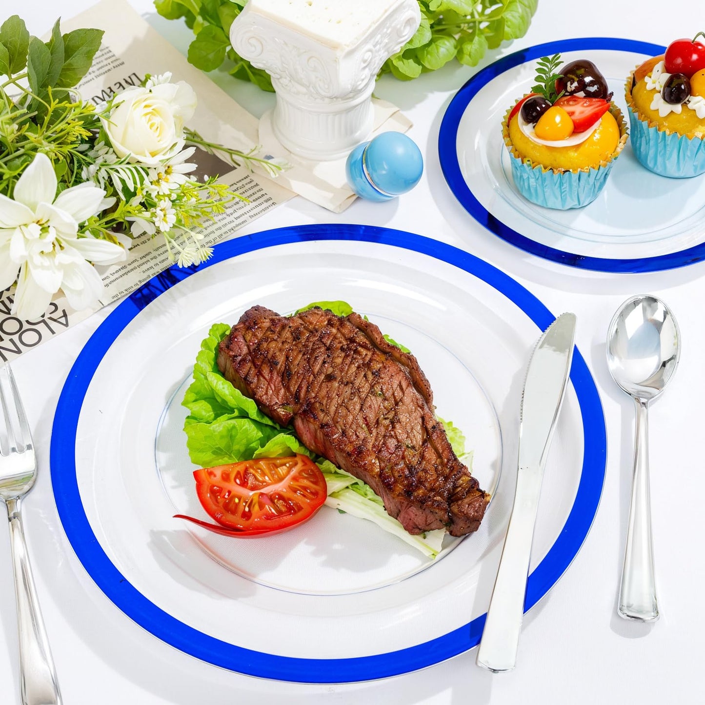 U-QE 120pcs Blue Plastic Plates for Party - Clear and Blue Disposable Plates Heavy Duty - Includes 60 10" Dinner & 60 7" Dessert Plates for Party, Birthday & Wedding