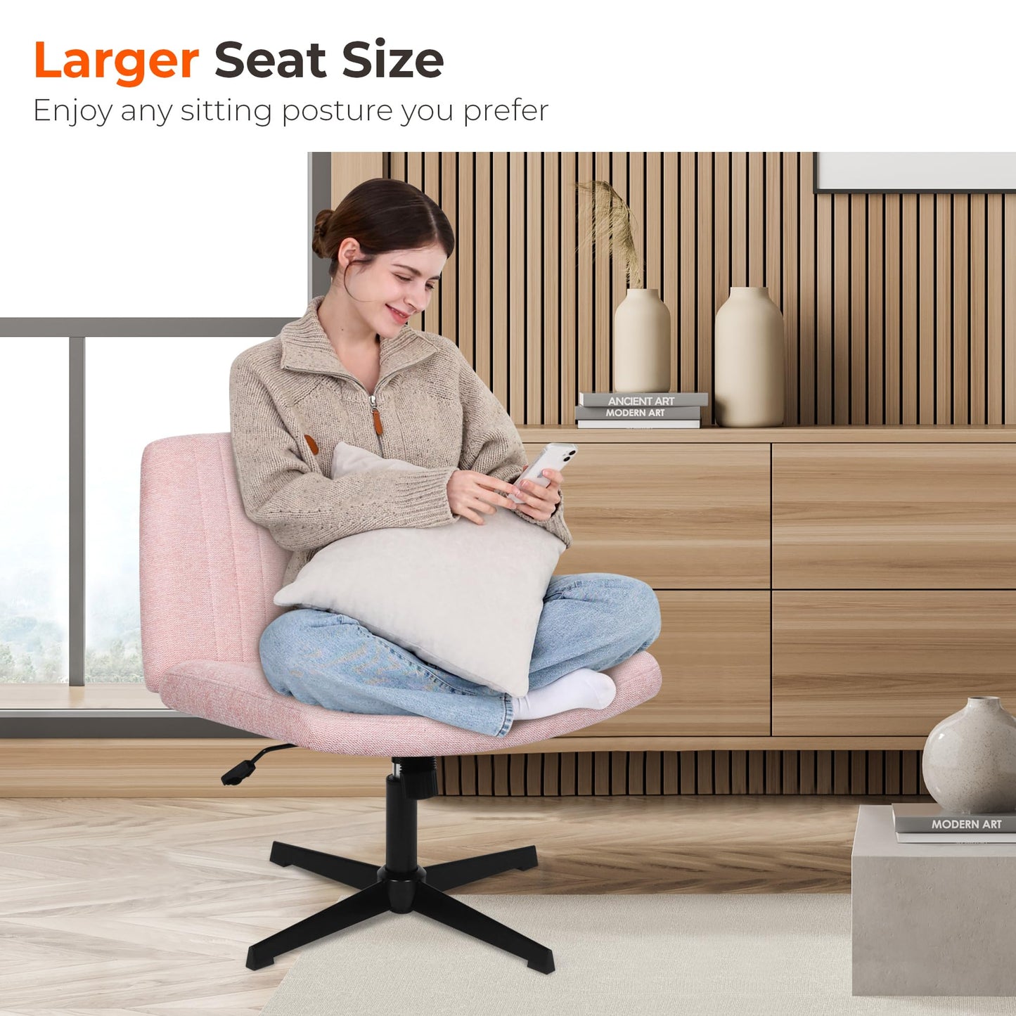 NEO CHAIR Criss Cross Chair No Wheels Armless Cross Legged Office Desk Wide Comfy Vanity Makeup Chair Adjustable Computer Task for Home Office Fabric (Pink)