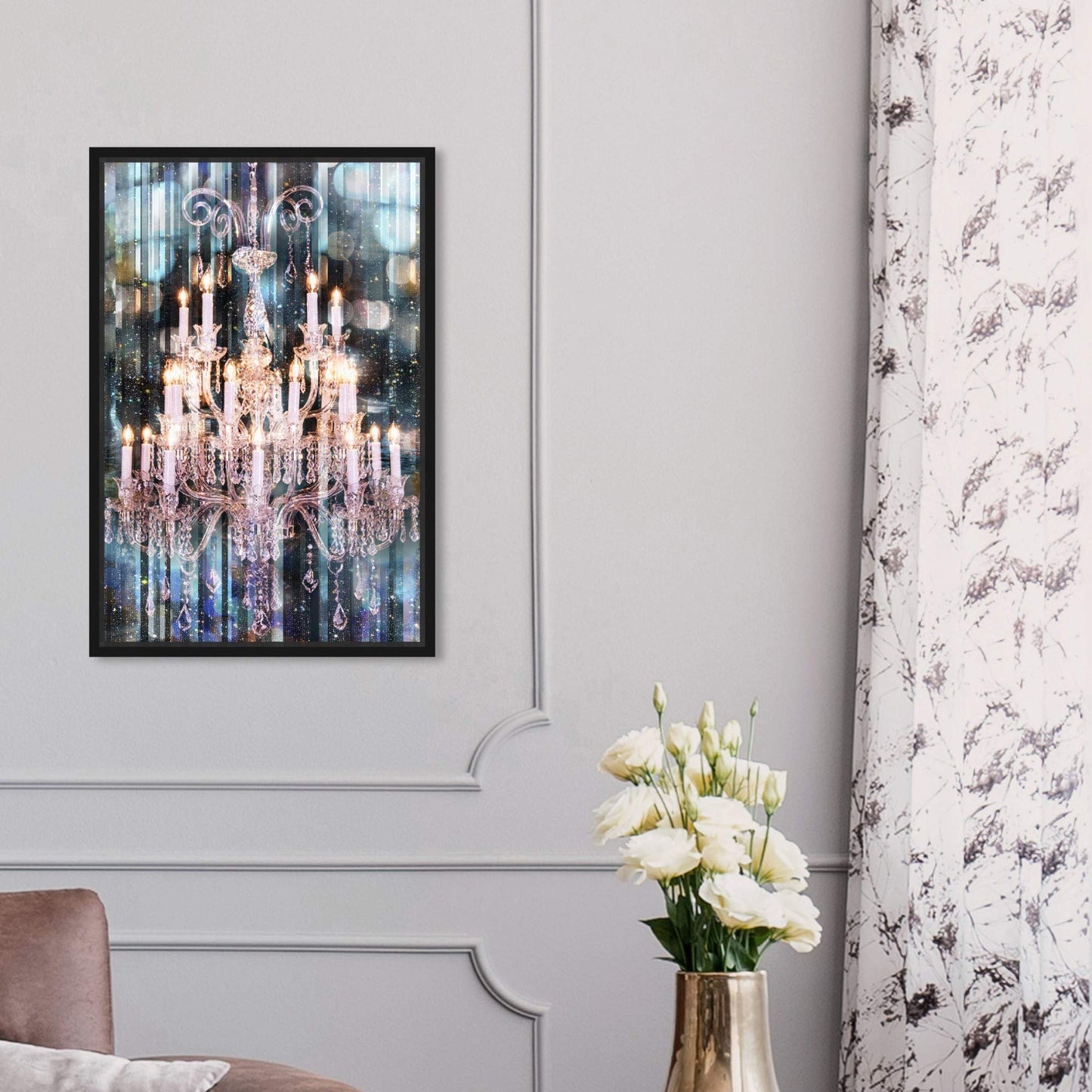 The Oliver Gal Artist Co. Fashion and Glam Wall Art Framed Canvas Prints 'Diamond Covered Eyes' Chandeliers Home Décor, 10" x 15", White, Blue