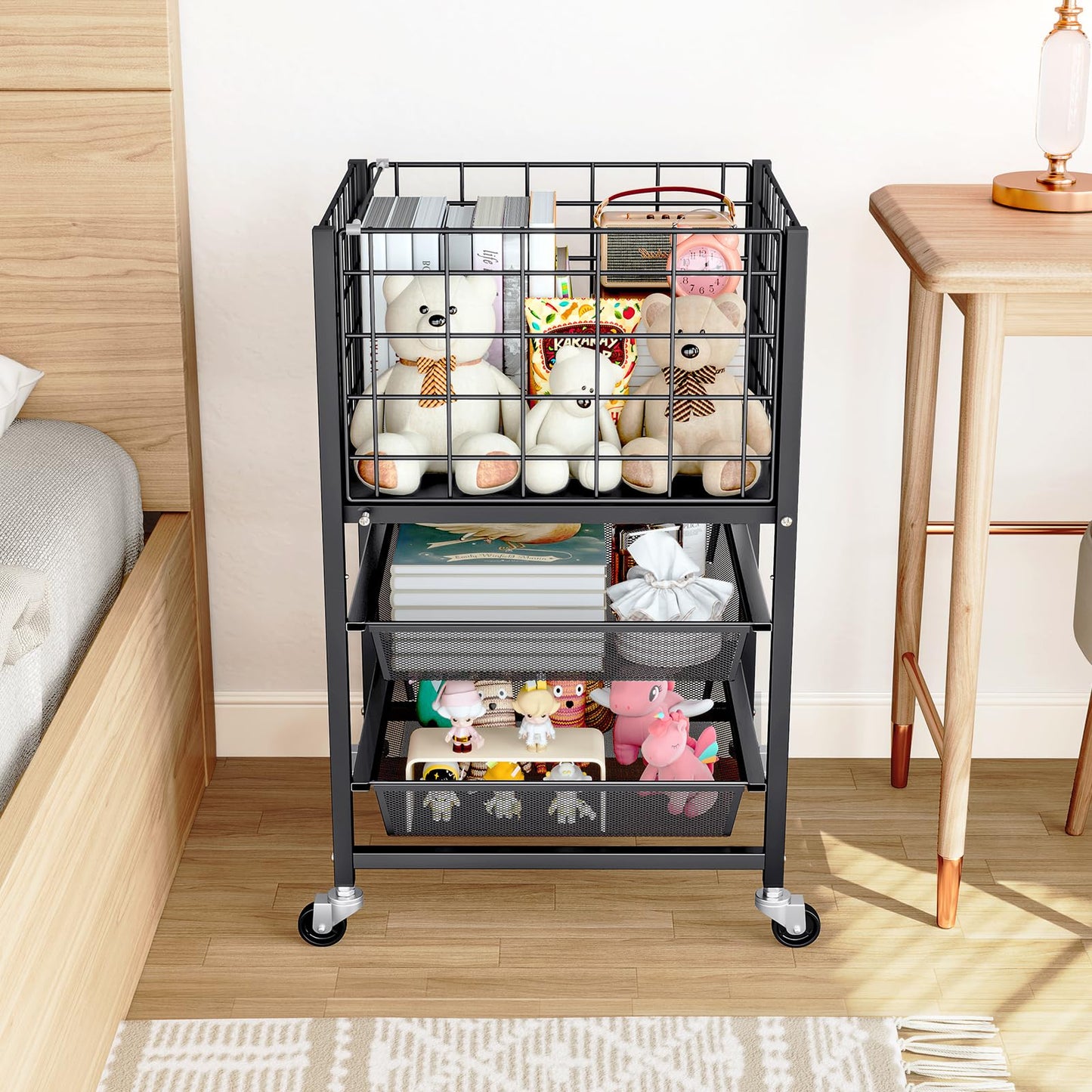 TOOLF Rolling File Cart, 3-Tier Metal File Cabinet with Wheel, Filing Cabinet with 2 Sliding File Trays, Adjustable Hanging File Folder Organizer for Office, Home, Classroom Black
