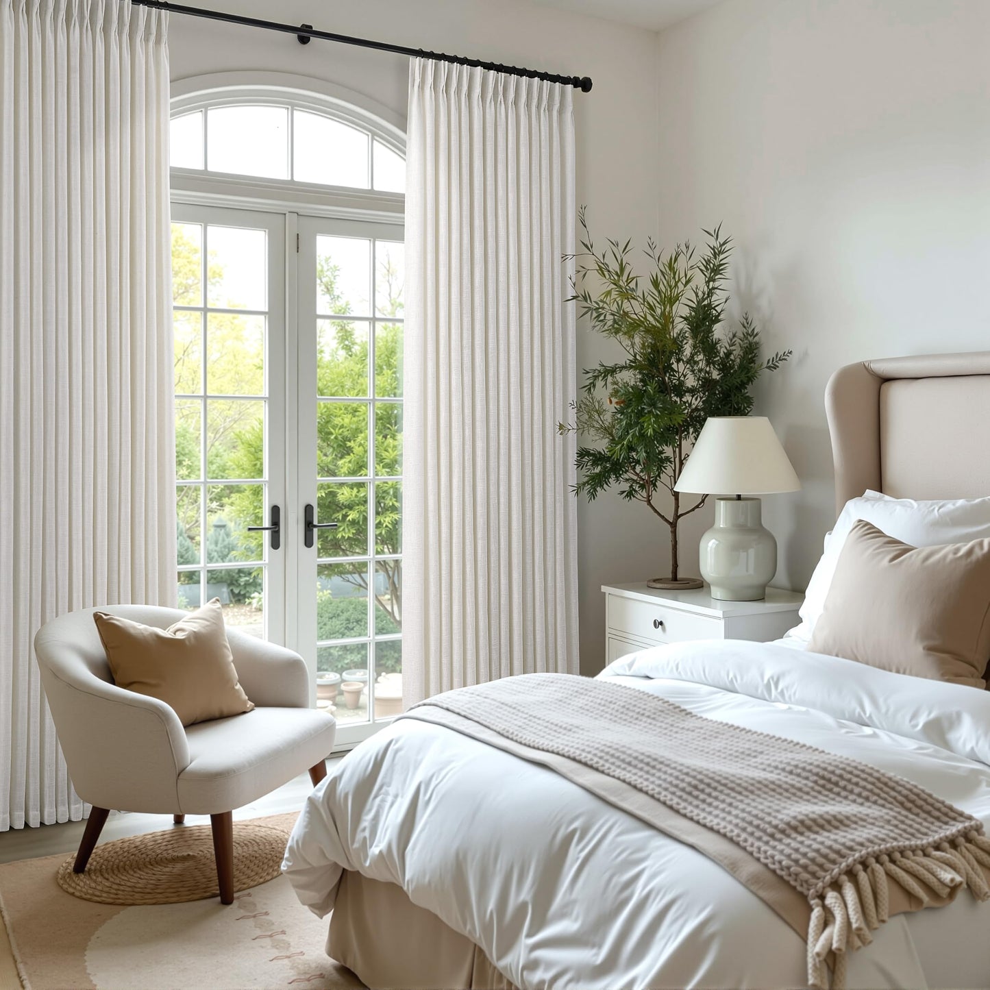 Pinch Pleated Linen Curtains 90 Inches Long for Living Dining Room Bedroom 2 Panel Set Natural Cream Birch Pinch Pleat Curtain 90 Inch Neutral Boho Floor to Ceiling Curtains Semi Sheer Linen Drapes