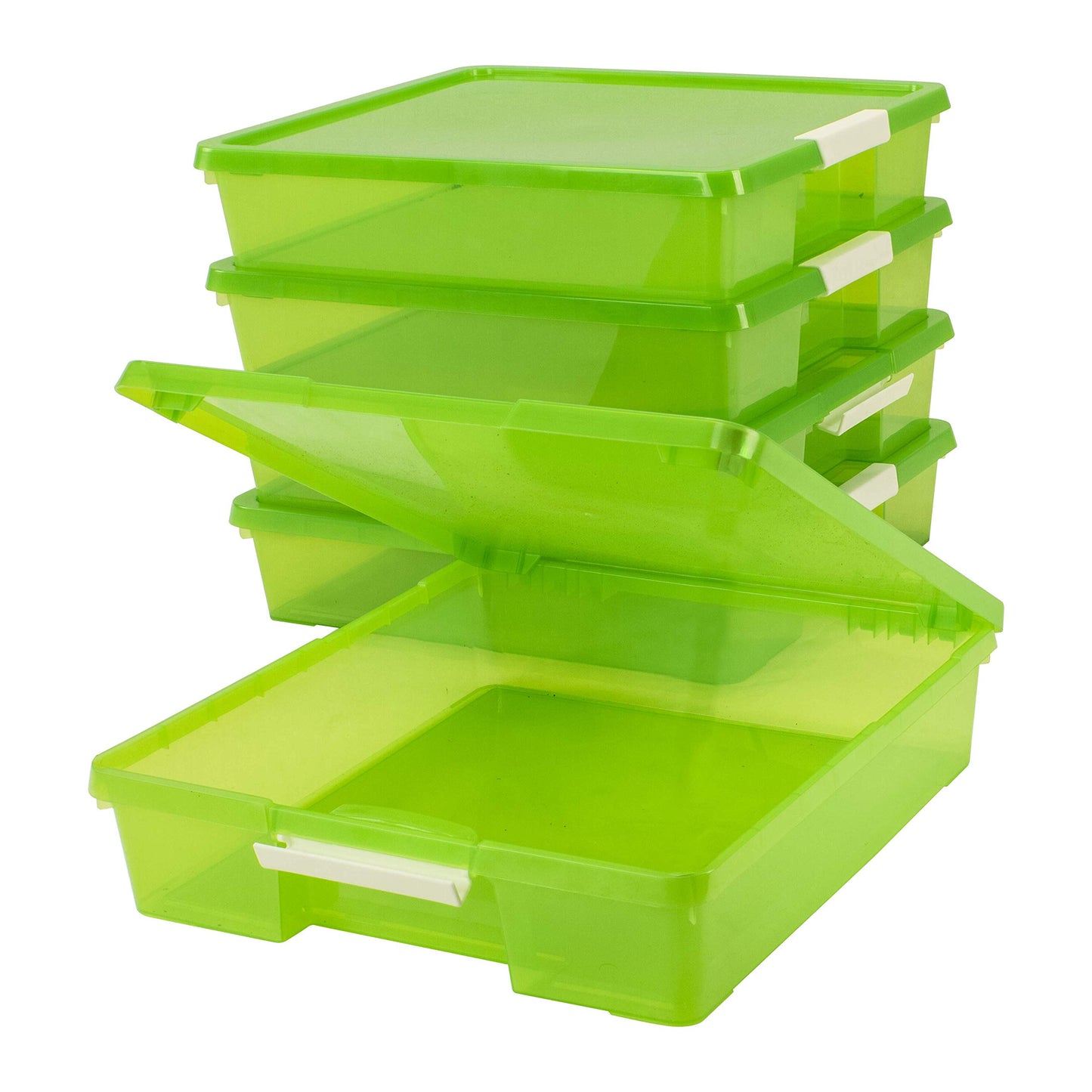 Storex Classroom Craft Project Box – Stacking Plastic Organizer Fits 12x12 Scrapbooking Paper, Green, 5-Pack (63207U05C)