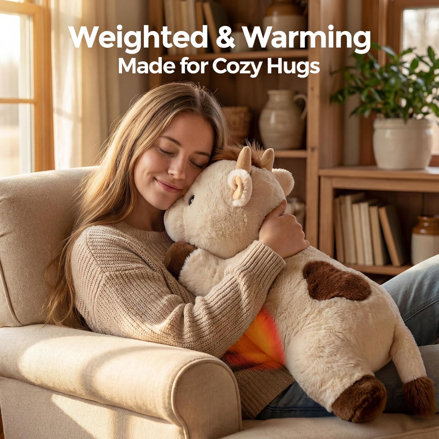 Mewaii Weighted Stuffed Animals with Microwavable Heating Pad - 5lb Adjustable, Heatable & Coolable Cow Plush for Realistic Hug, Removable Inner Pad, Perfect Plush Gift for Kids, Adults (23 Inch)