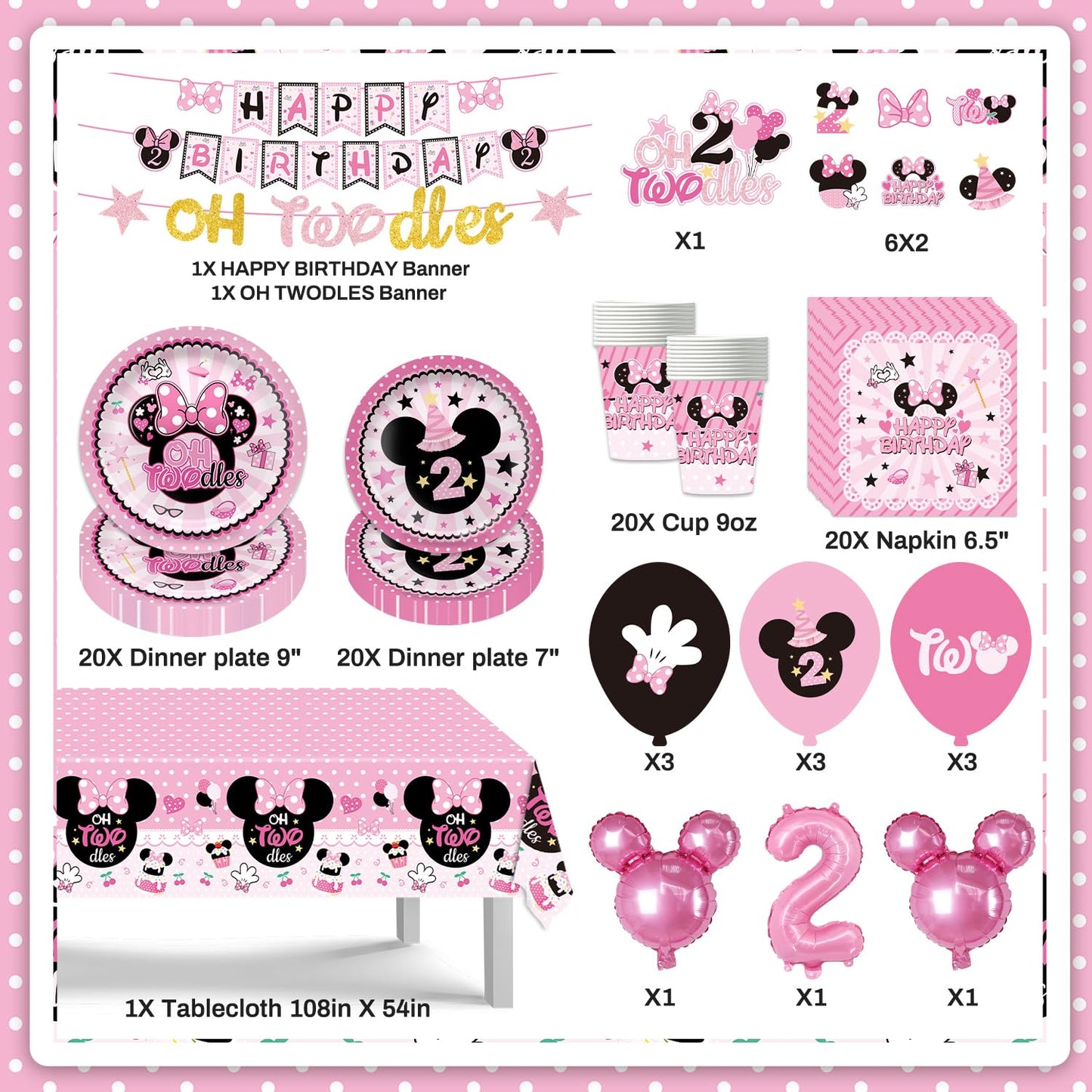 108Pcs Pink Mouse Birthday Decorations Tableware Oh Twodles Birthday Party Supplies Include Banner Plates Napkins Cups Balloons Cupcake Toppers Cake Topper and Waterproof Tablecloth