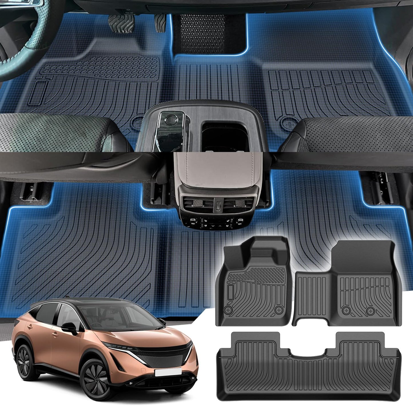 Sunsdrew Floor Mats for Nissan Ariya 2023 2024 2025 Accessories All Weather Ariya Floor Liner,1st&2nd Row Full Set Heavy Duty Car mats Black