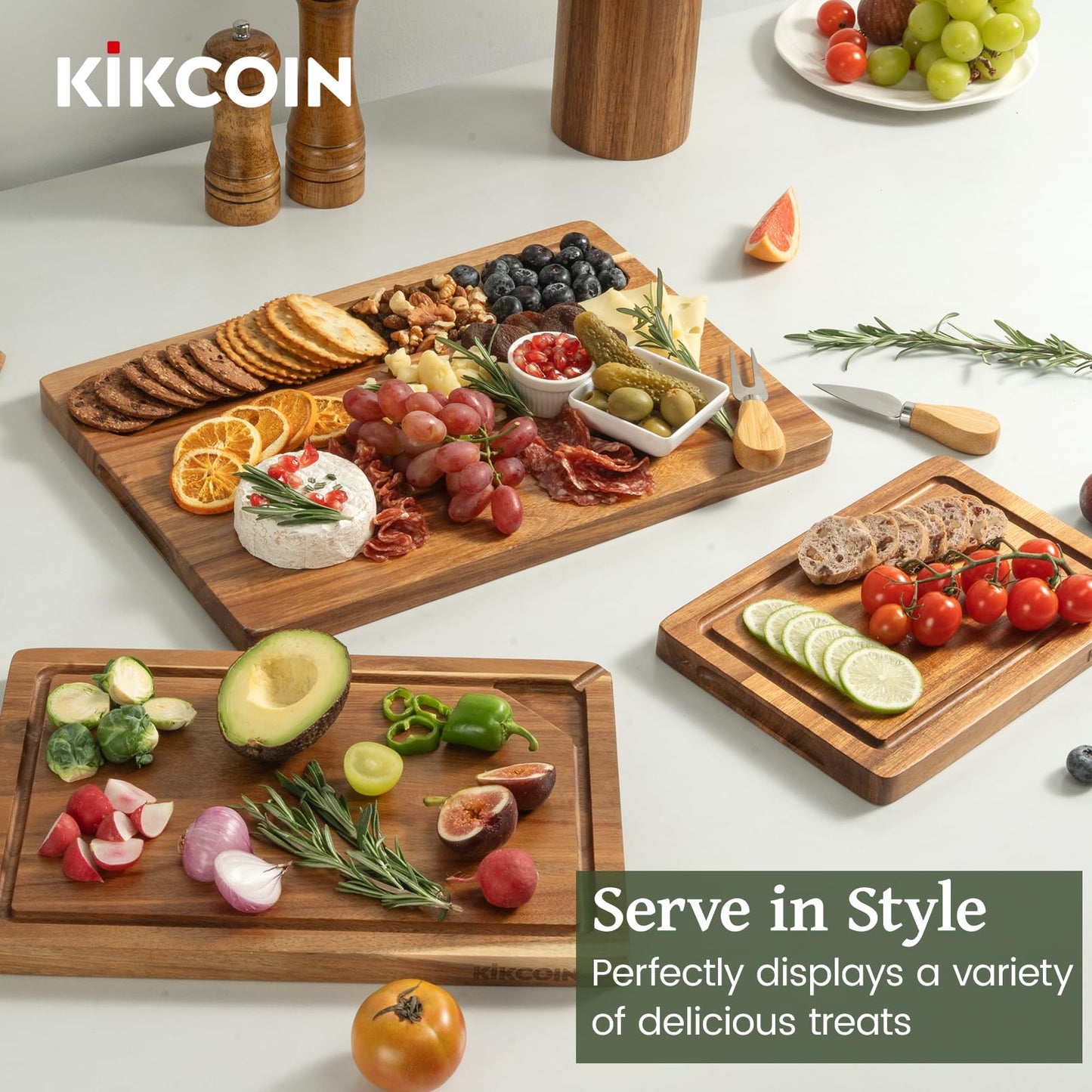 Acacia Wood Cutting Boards for Kitchen, Kikcoin 3 PCS Wooden Cutting Board Set with Holder, Chopping Board with Compartments and Juice Groove, Solid Charcuterie Boards Serving Tray Wood Butcher Block