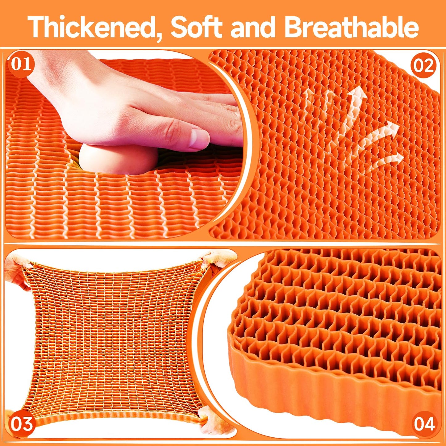 Wiesumirt Innovative Gel Seat Cushion for Long Sitting, Large Cooling Supportive Seat Cushion for Back, Sciatica, Tailbone Pain Relief, Used for Office, Wheelchair, Car, Home, Stadium, Kayak.(Orange)