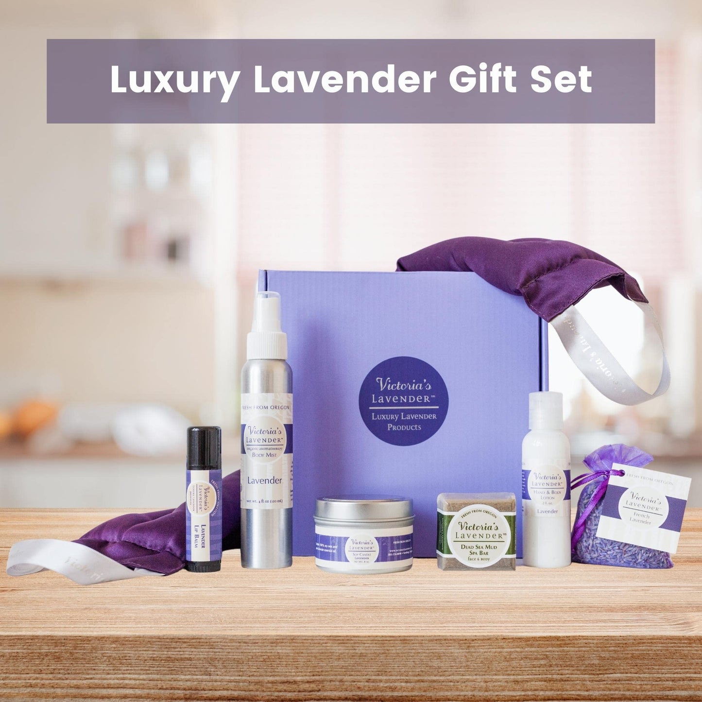 Victoria's Lavender Luxury Gift Basket for Women - Neck Wrap, Body Mist, Hand & Body Lotion, Lip Balm, Soy Candle, Mud Spa Bar & Lavender Sachet, Skin Care Sets & Kits, Beauty Products For Women
