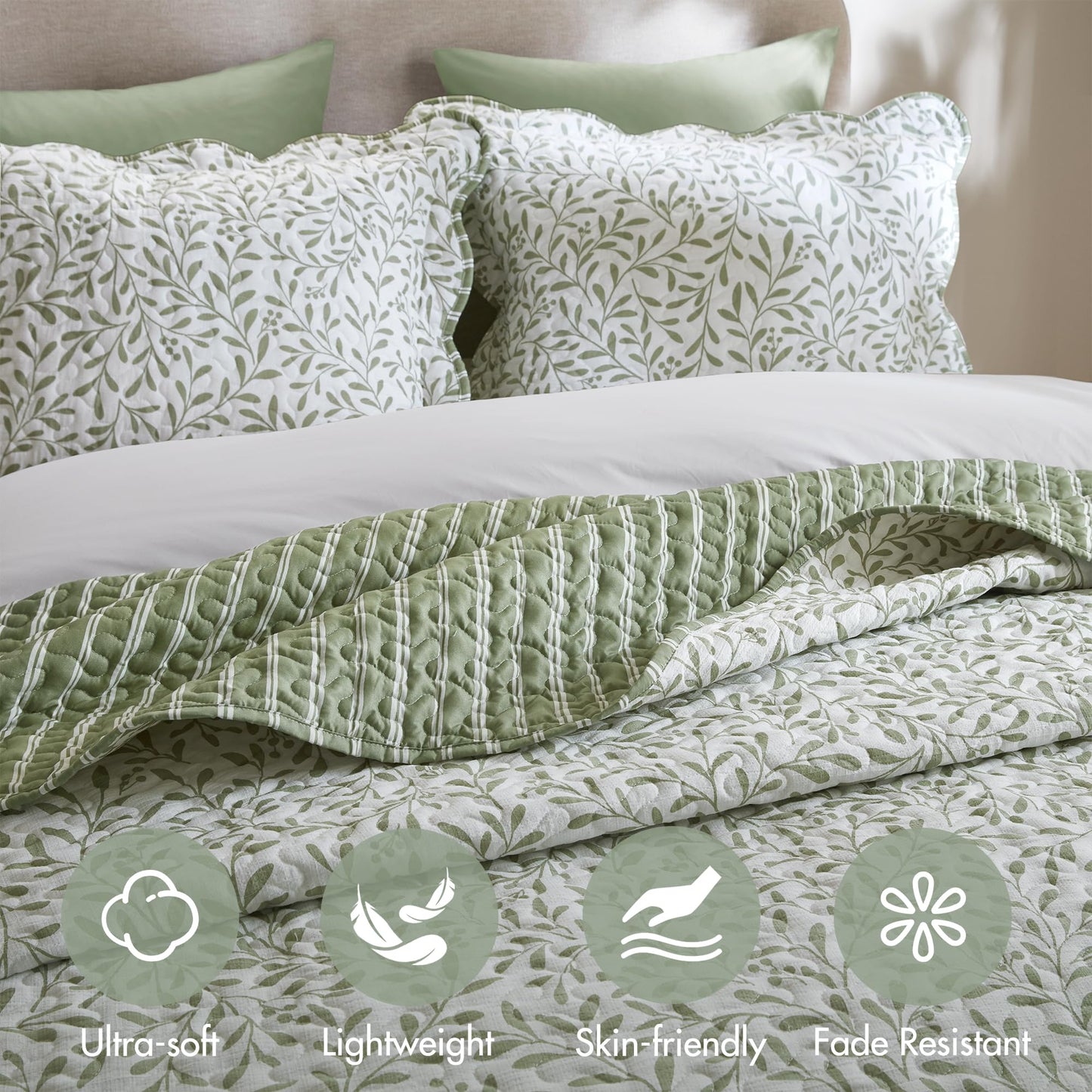 Madison Park 3-Piece Reversible Quilt Set, Botanical Print & Scalloped Edge, Lightweight Summer Bedding, Queen, Market Green