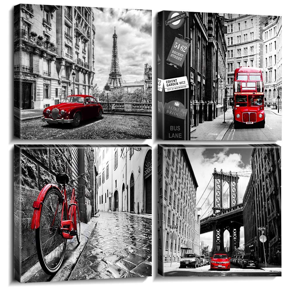 Black and White Canvas Wall Art Bedroom Decor Red City Landscape Pictures Prints Modern Artwork for Living Room Paris New York London Rome Contemporary Painting Kitchen Office Home Decorations 20x20"