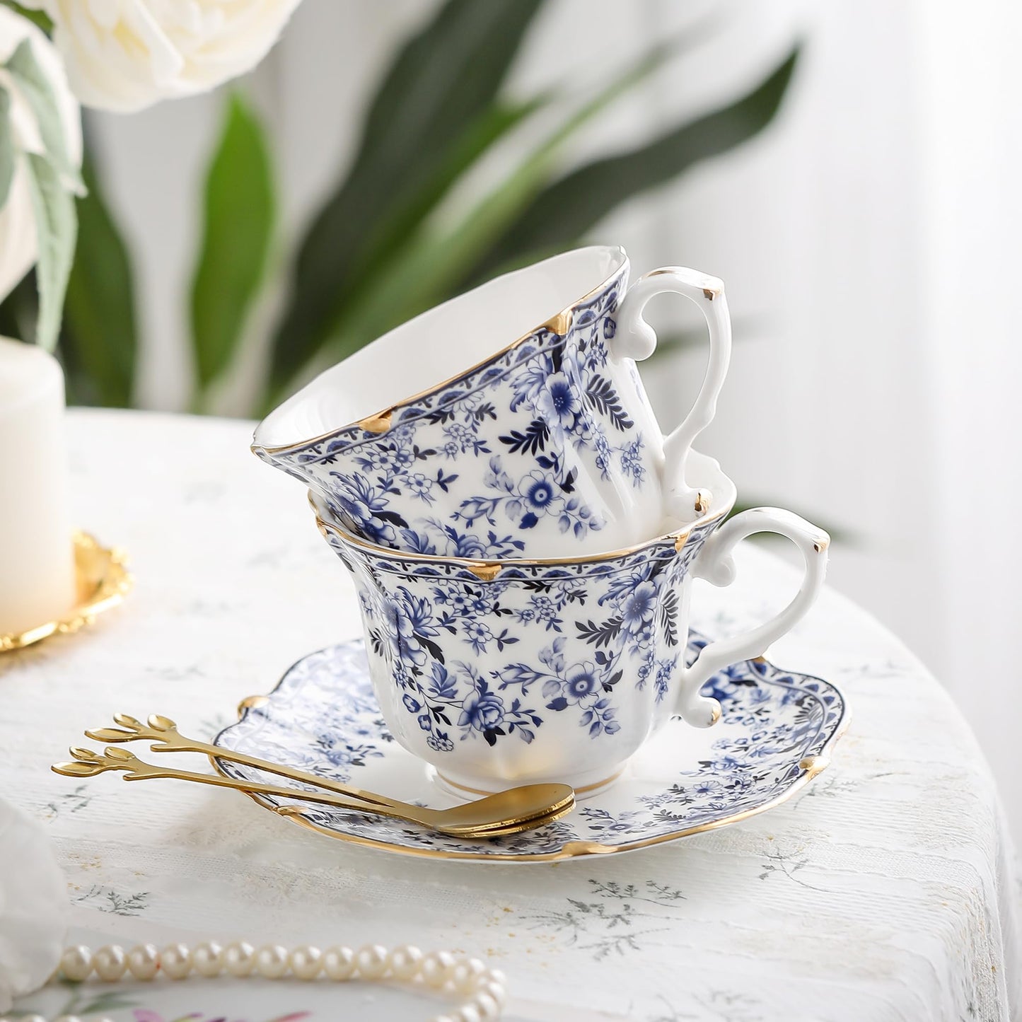 TATSUMI Country Roses 18 Peices Bone China Tea Cup And Saucer Set, English Vintage Tea Cups Of 6 For Women And Tea Party Sets（QH,6 SETS）