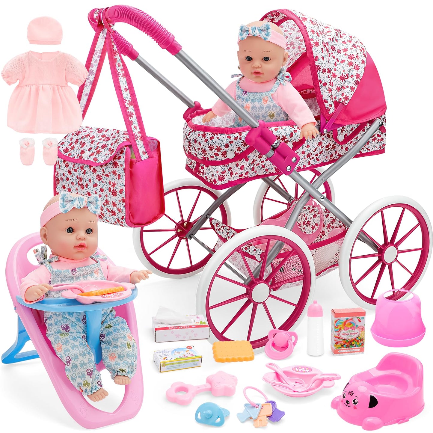 deAO Baby Doll Stroller Set High Chair Travel Diaper Bag with 12 inch Baby Doll Accessories Pretend Play Toys with Foldable Stroller 2 Sets Doll Clothes Birthday Gift for Girls Boys Toddler Kids