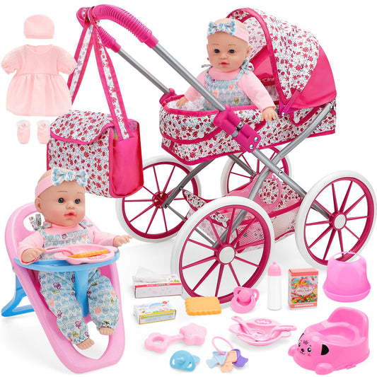 deAO Baby Doll Stroller Set High Chair Travel Diaper Bag with 12 inch Baby Doll Accessories Pretend Play Toys with Foldable Stroller 2 Sets Doll Clothes Birthday Gift for Girls Boys Toddler Kids