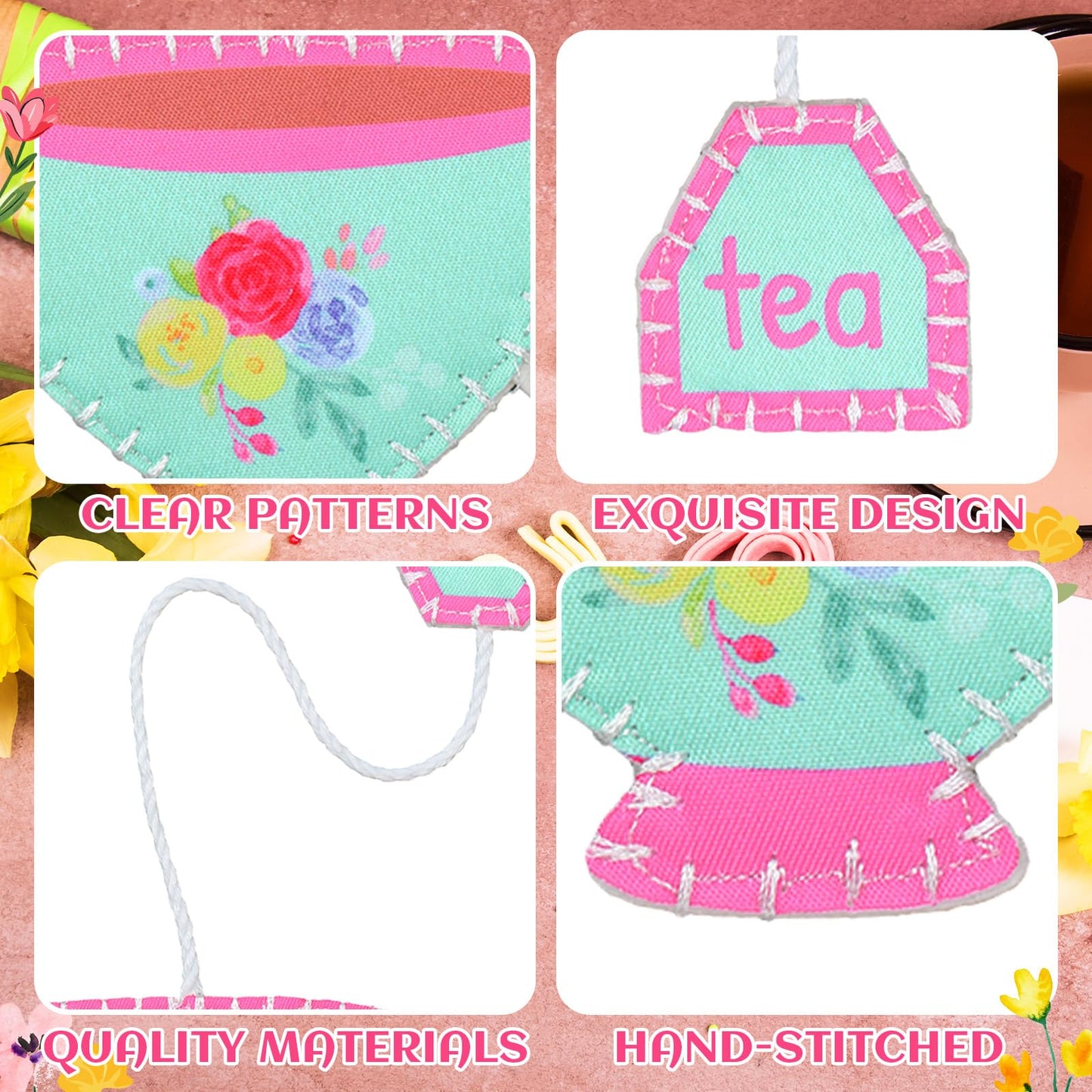 Resurhang 24 Pcs Tea Bag Bookmarks Tea Party Favors Cute Hand Embroidered Teapot Bookmarks Gift for Spring Holiday Teacher Women Book Reading Lovers Gift Book Marks (Retro)