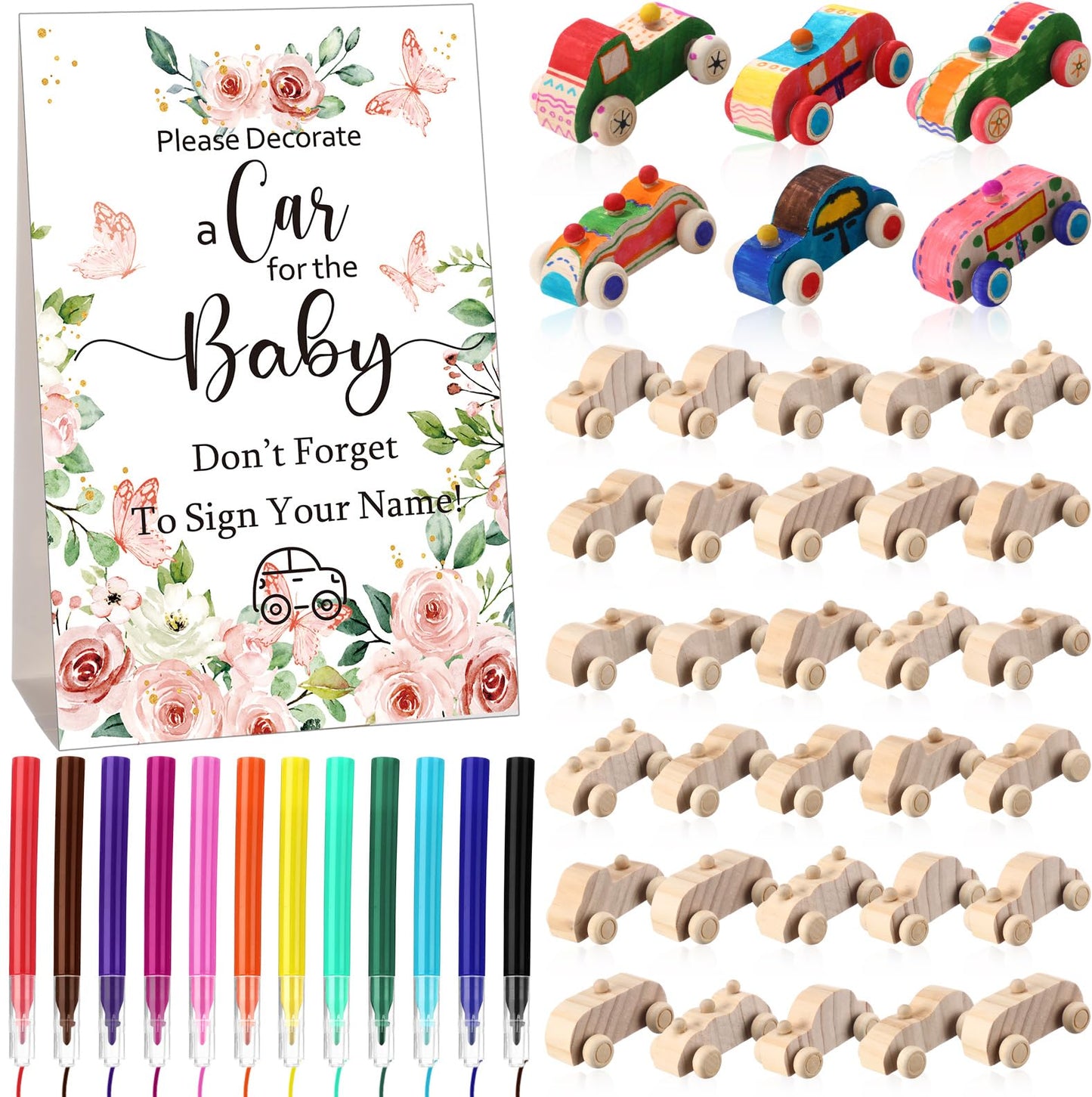 WinnerWhy Baby Shower Game Sign Kit Includes 32 Unfinished Wooden Car Blocks, 12 Markers, and a Prize Decoration Sign for Baby Shower(Boho)