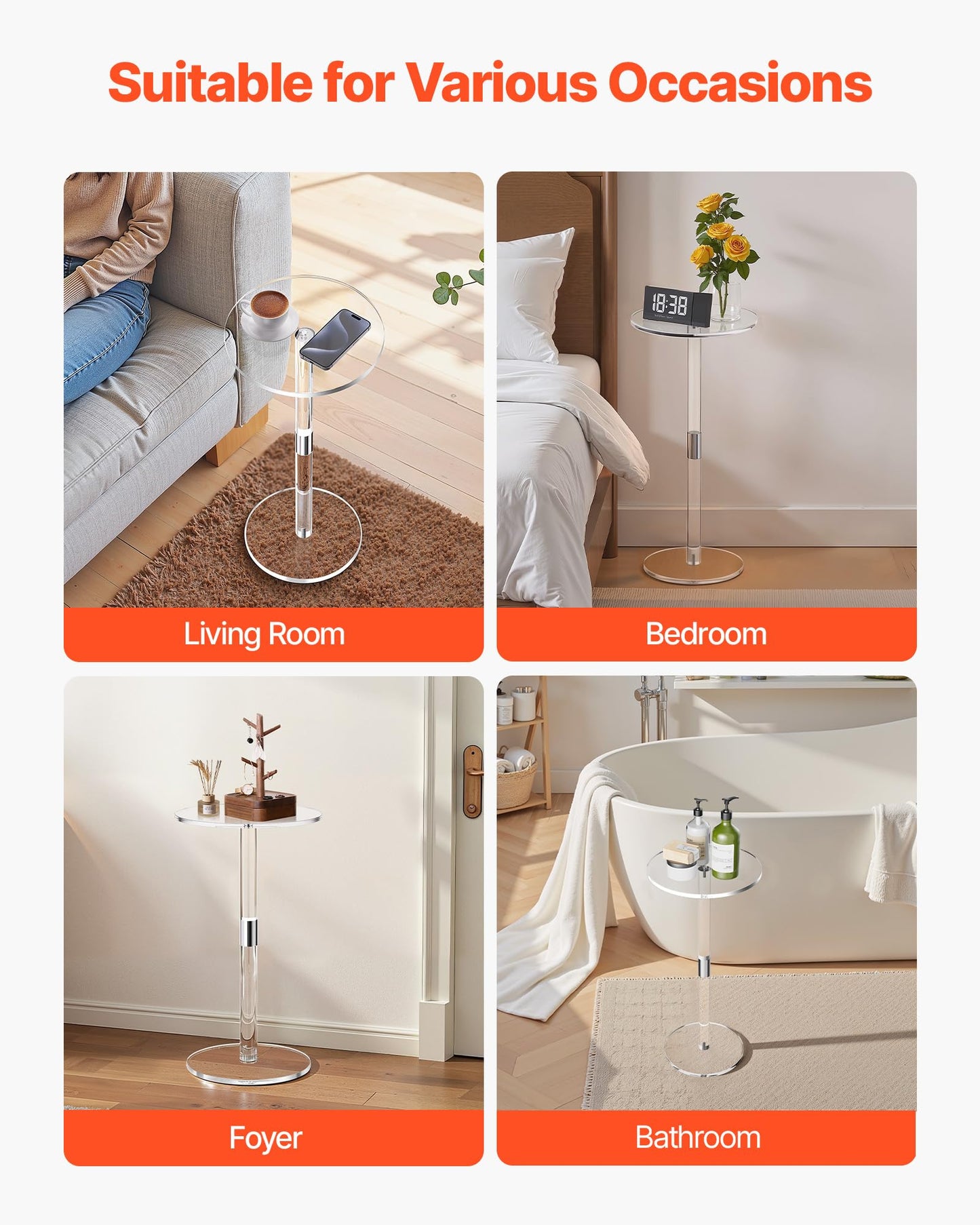 VEVOR Acrylic Drink Table, Small Round Side Table with Solid Post, Modern Clear End Table Transparent Cake Desk for Coffee, Cocktail, Dessert, Snack, Living Room, Bedroom, Bathroom, Easy Assembly