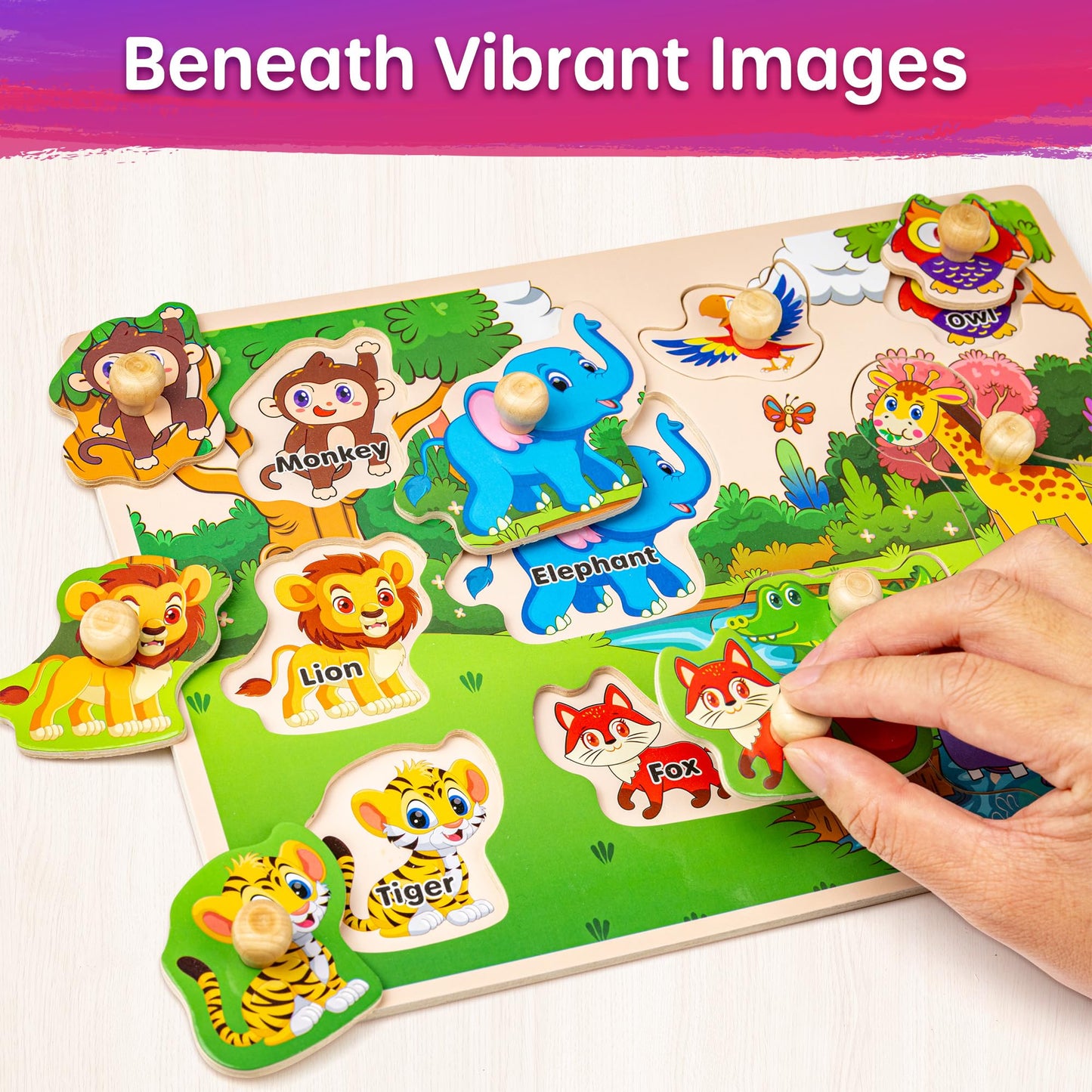 SYNARRY Wooden Puzzles for Toddlers 1-3, 6XSET Puzzles for Toddlers 2-4 with Rack, Learning Alphabet Number Animal Dinosaur Vehicle Gifts for Kids, Education Toys for 2 3 Years Boys Girls