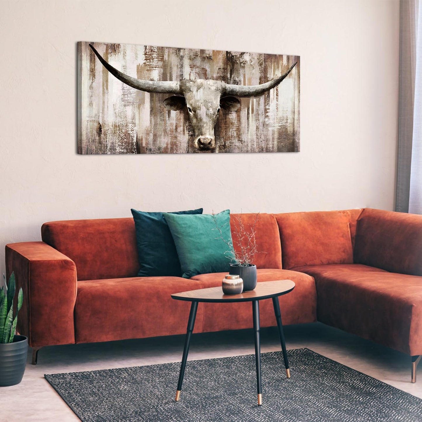 LevvArts Large Size Longhorn Cow Canvas Wall Art Western Cattle Painting Artwork Rustic Farmhouse Decorations Man Cave Home Office Decor 20"x48"