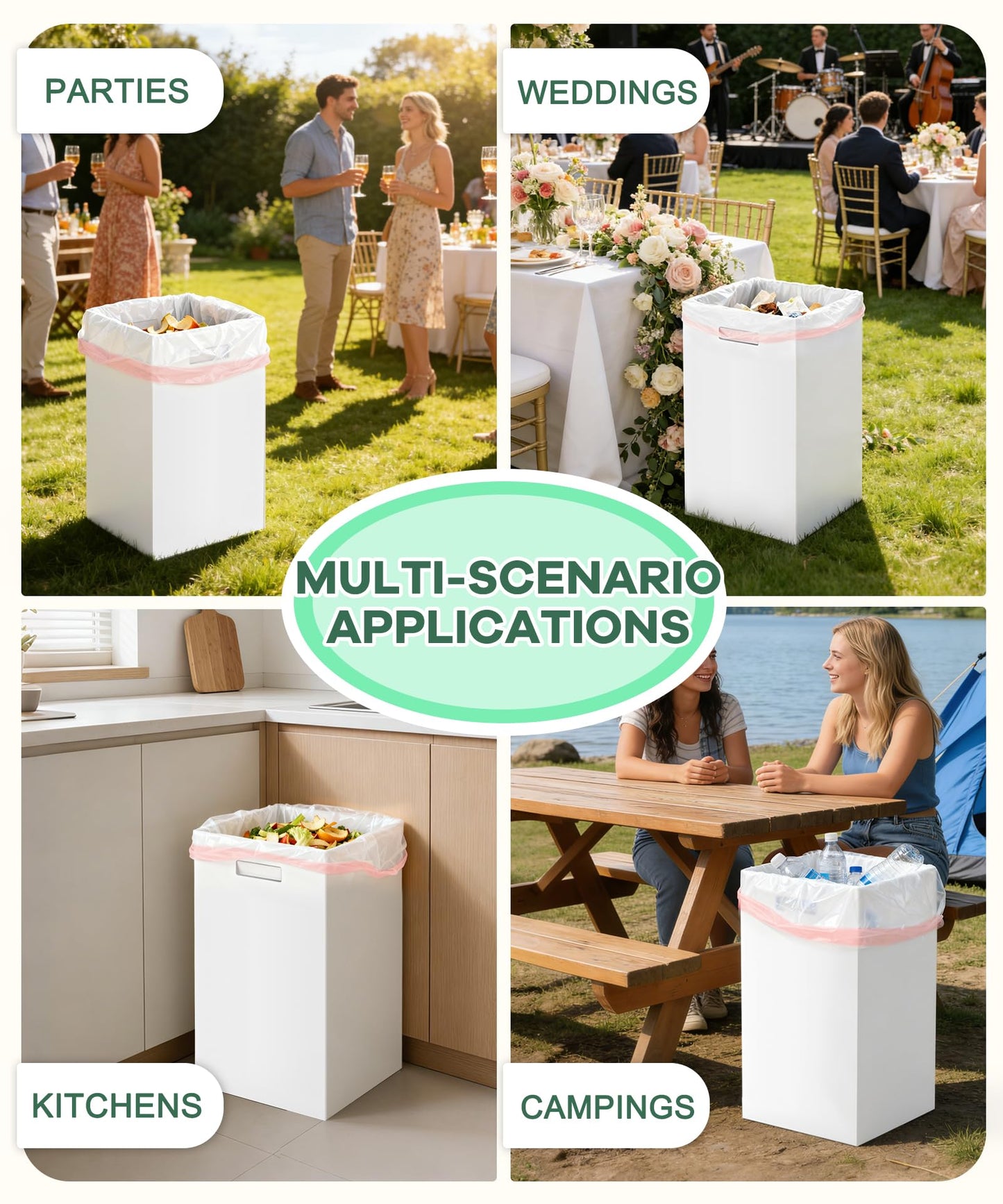 4 Pack Corrugated Cardboard Disposable Trash Cans for Parties, 40 Gallon Collapsible Garbage Cans with Handle, Thick Foldable Bins for Party Events Camping Beach(18" L x 18" W x 30" H), White