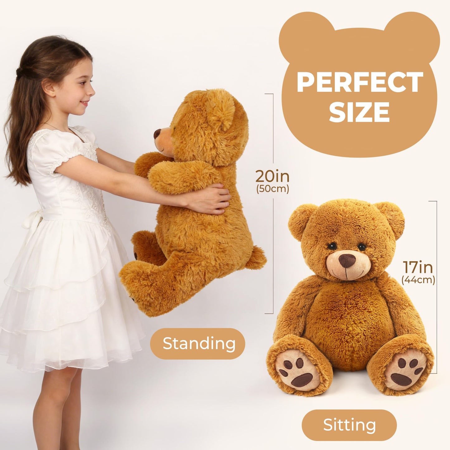 LotFancy 20 inch Teddy Bear Stuffed Animals, Soft Cuddly Plush Bear, Cute Stuffed Animals Toy with Footprints, Gifts for Kids Baby Toddlers on Baby Shower, Birthday, Easter, Tan Color
