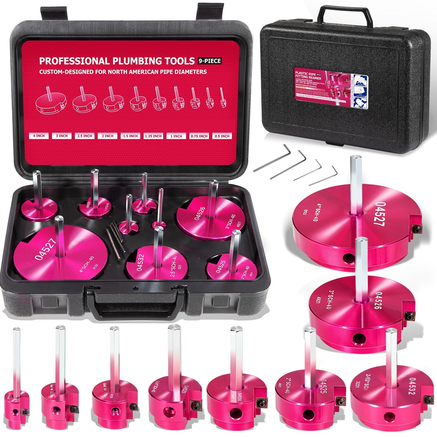 9Pcs PVC Pipe Fitting Reamer Kit - Complete Plastic Reamer Set Fits into Standard 1/2" Drills Contains 1/2", 3/4'', 1'', 1-1/4", 1-1/2'', 2'', 2-1/2", 3'' and 4'' for PVC, SCH40, ABS, CPVC