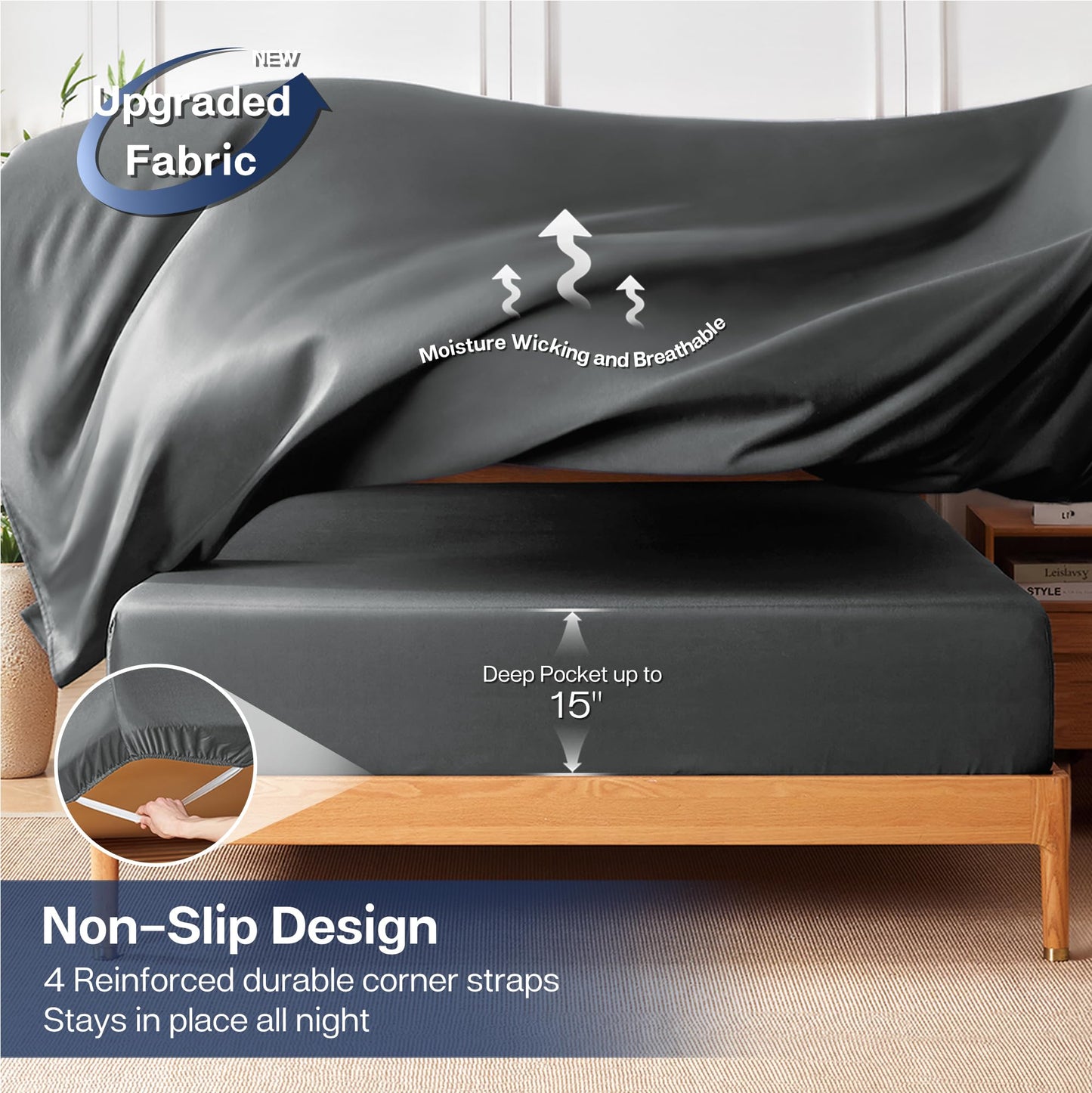 MR&HM Queen Sheet Set, 4-Piece Cooling Sheets, Rayon Derived from Bamboo & Polyester Blend, Soft & Silky, 15" Deep Pockets with Elastic Straps, Hotel Luxury for Hot Sleepers, Dark Grey