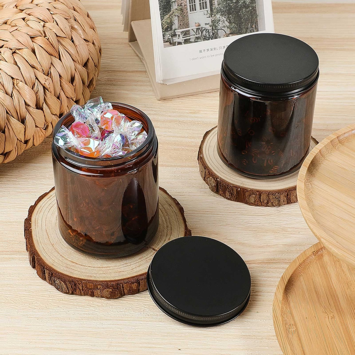 Lallisa 32 Pcs 8 oz Amber Glass Jars with Black Metal Lids Round Small Cosmetic Jars Round Glass Containers for Apothecary Body Butter Herbs Spice and Food Storage