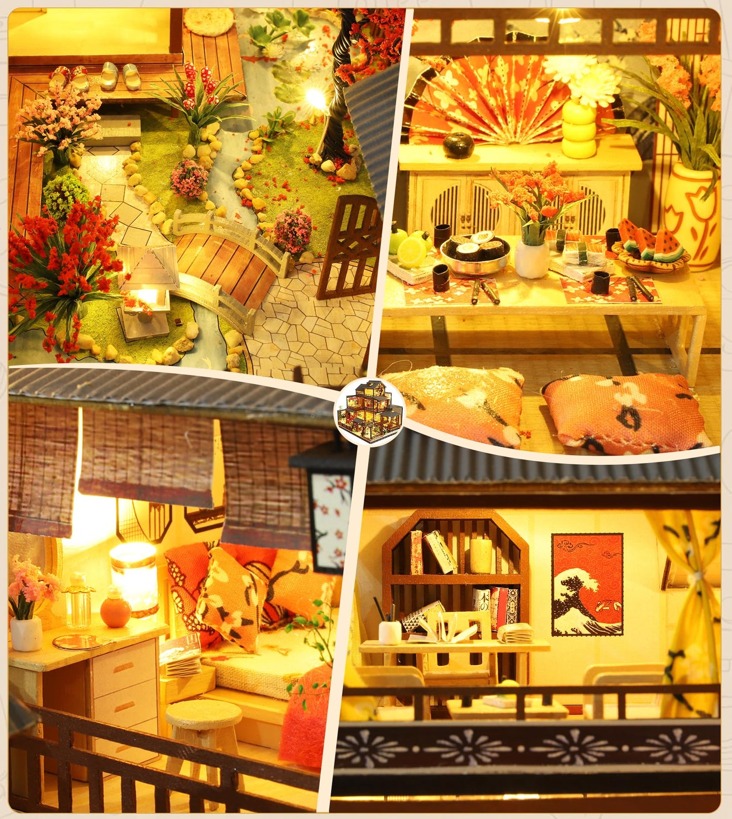 Spilay Dollhouse DIY Miniature Wooden Furniture Kit,Mini Handmade Castle Model Plus with LED & Music Box,Creative Doll House Toys for Adult Gift (Fuchun Resort)