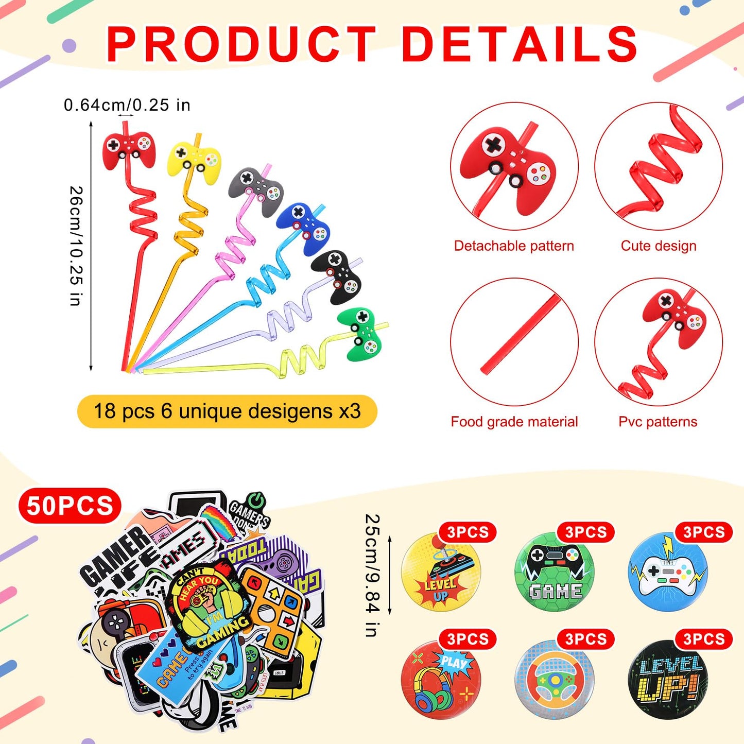 Sadnyy 140 Pcs Video Game Party Favors Birthday Party Decorations Supplies Drawstring Bags with Silicone Bracelets Keychains Straws Button Pins Stickers for Classroom Rewards Goodie Bags Stuffers