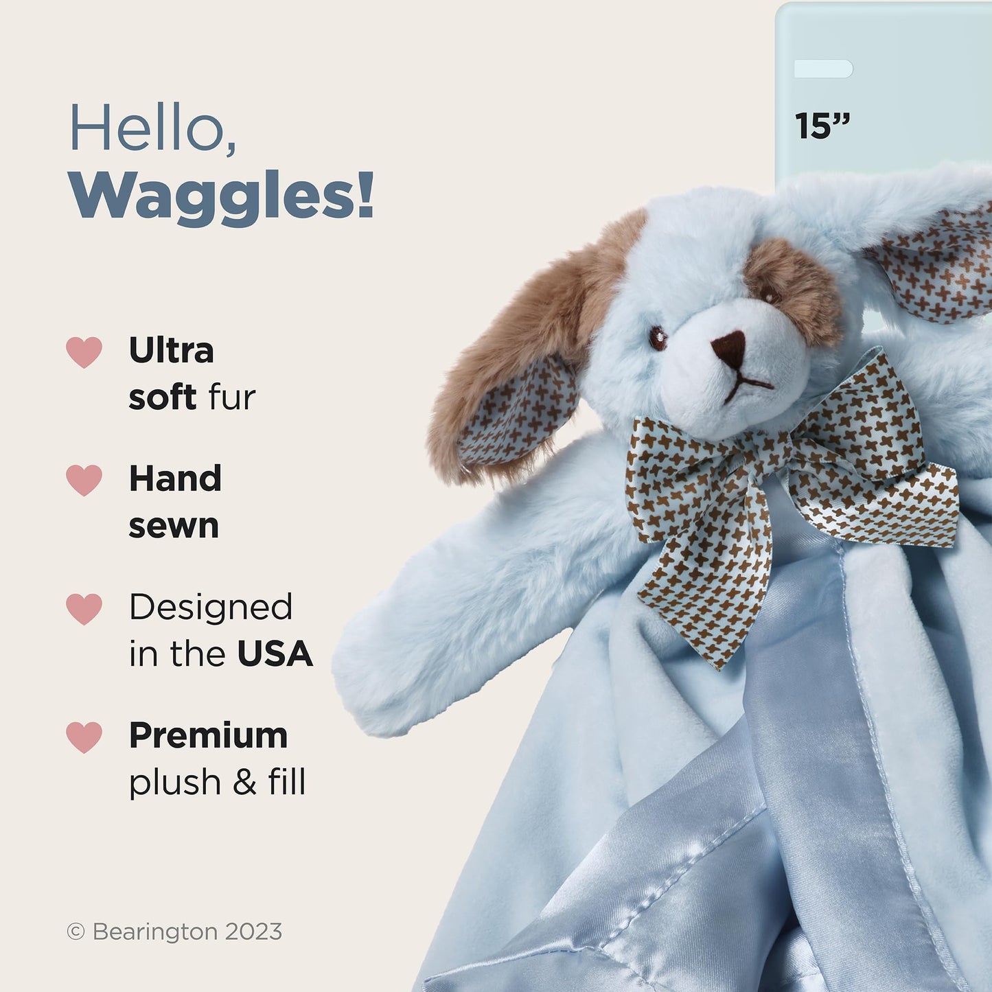 Bearington Baby Waggles Snuggler, 15 Inch Blue Puppy Dog Plush Stuffed Animal Security Blanket Lovey for Babies