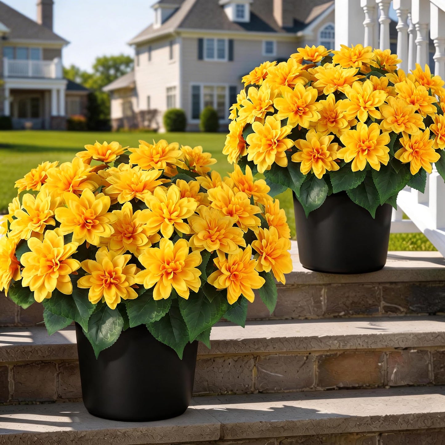2 Set of Artificial Dahlia Topiary Ball Trees - Fake Silk Dahlia Flower Bushes, UV Resistant Faux Floral Shrub Potted for Front Door Porch Farmhouse Wedding Outdoor Decor (Yellow)