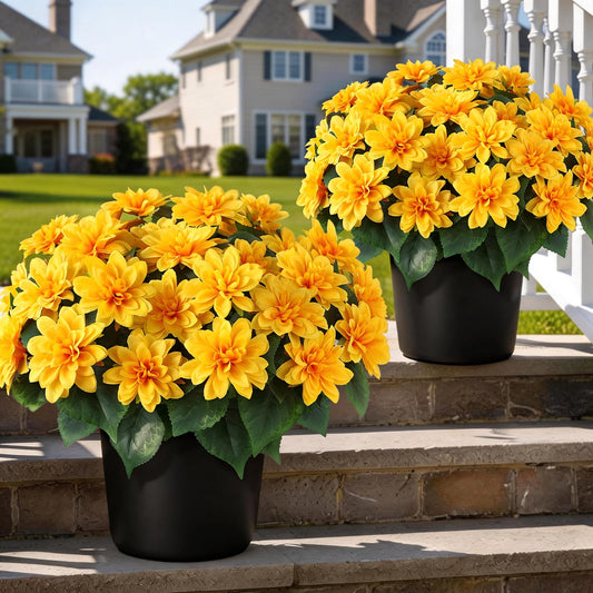 2 Set of Artificial Dahlia Topiary Ball Trees - Fake Silk Dahlia Flower Bushes, UV Resistant Faux Floral Shrub Potted for Front Door Porch Farmhouse Wedding Outdoor Decor (Yellow)