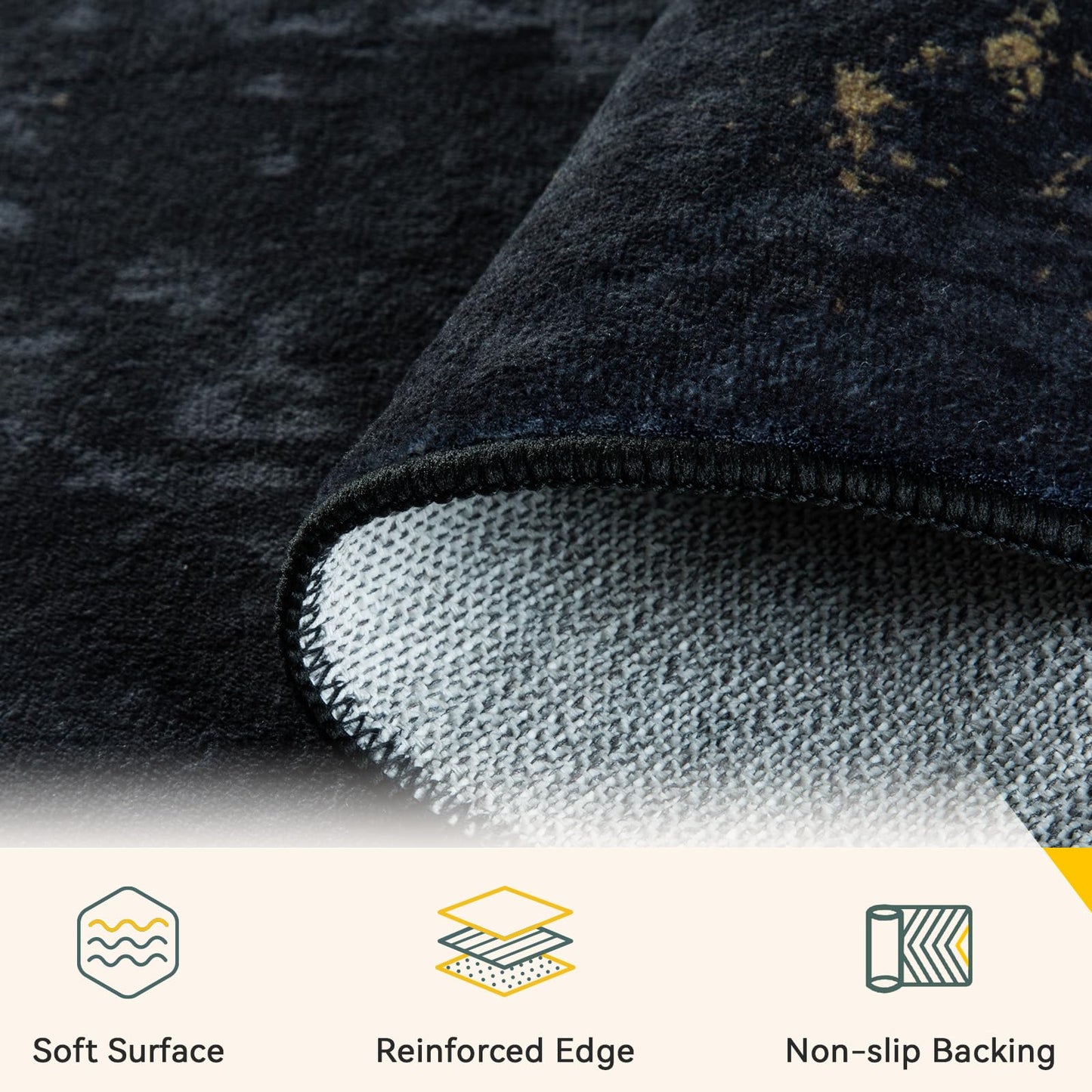 RELEANY Washable Area Rugs 5'x7' Non-Slip Modern Abstract Soft for Living Room Entryway Bedroom Kitchen, Print Pattern, Dark Black Gold