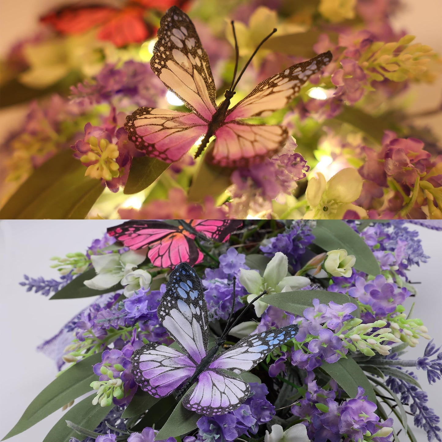 Jusdreen LED Teardrop Floral Wreath with Butterflies, Faux Lavender Hanging Decor with Lights for Farmhouse Home