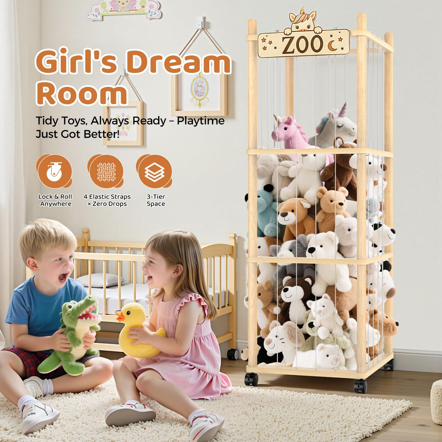 Stuffed Animal Storage Zoo Tower,56In Wooden Large Stuffed Animal Holder Organizer with Wheels,Stuffy Plushies Storage with Elastic Band&Mesh Bottom,Toy Storage Organizers for Playroom Bedroom Nursery
